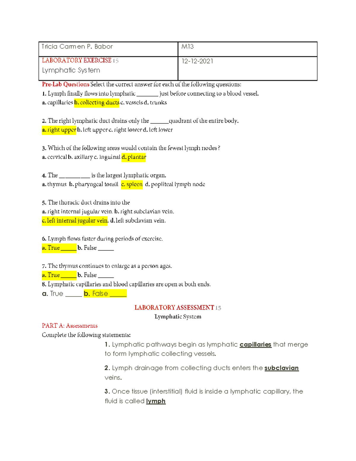 LAB Activity 15 - asdfghjkl - Tricia Carmen P. Babor M Lymphatic System ...