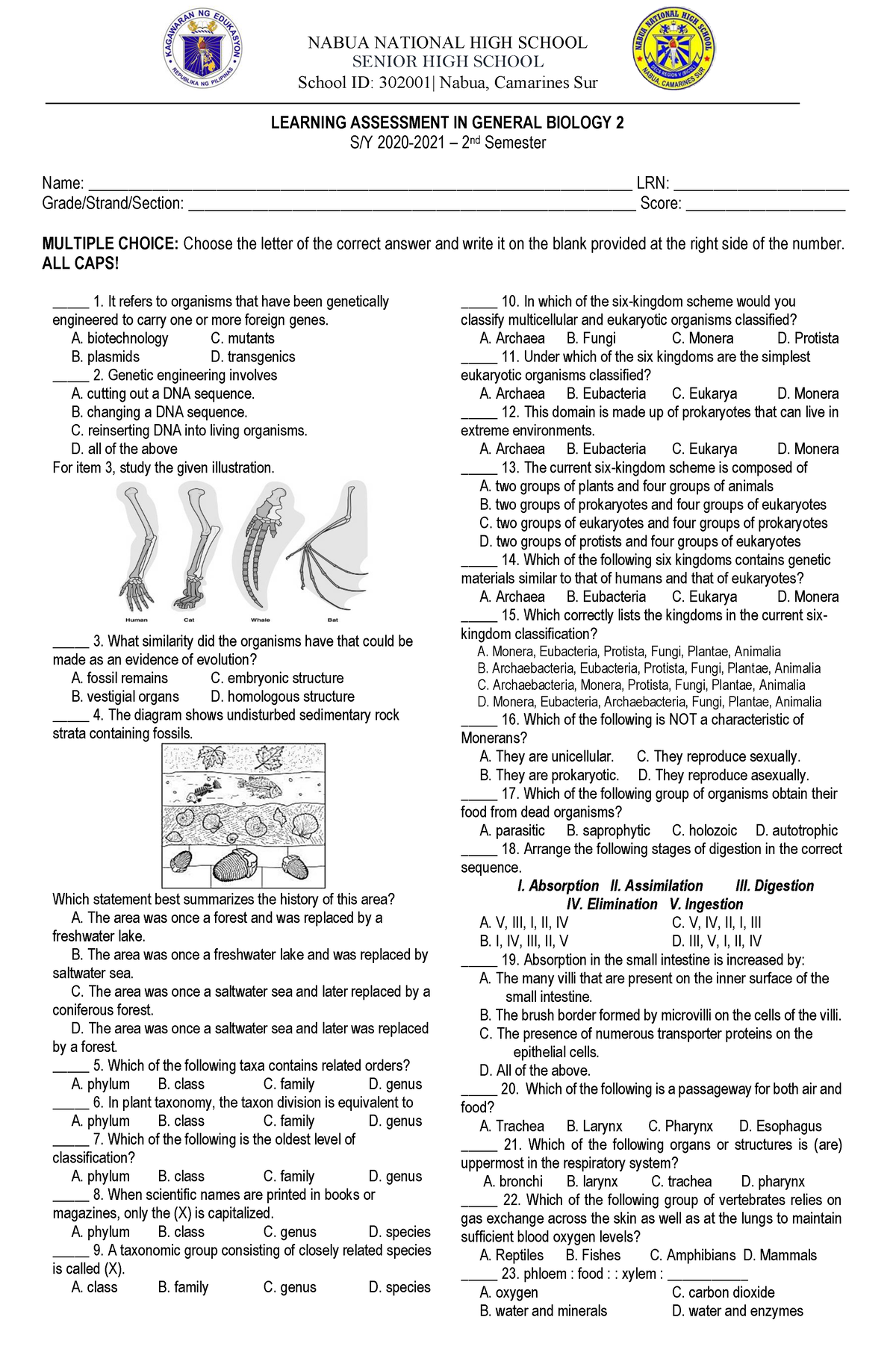 Biology 2 Summative Test 2 Ndsem - Nabua National High School Senior 