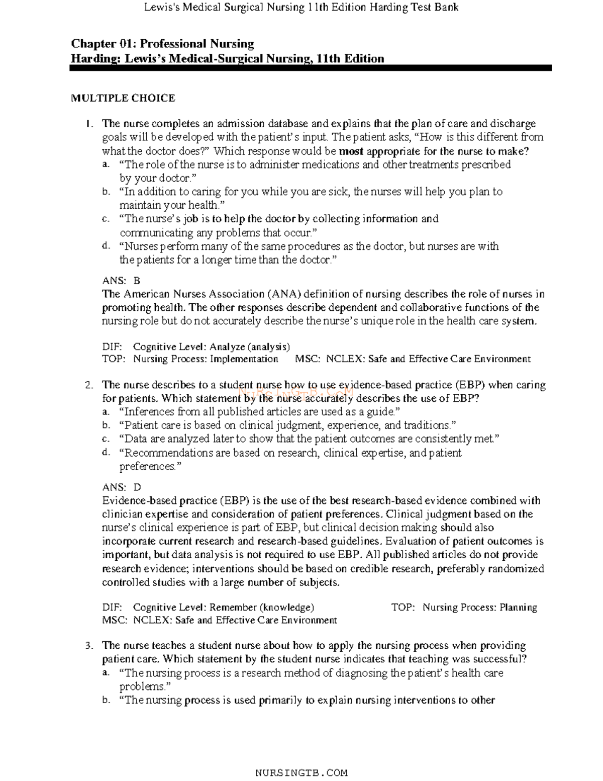 01 - LEWIS TEST BANK - NURSINGTB Chapter 01: Professional Nursing ...