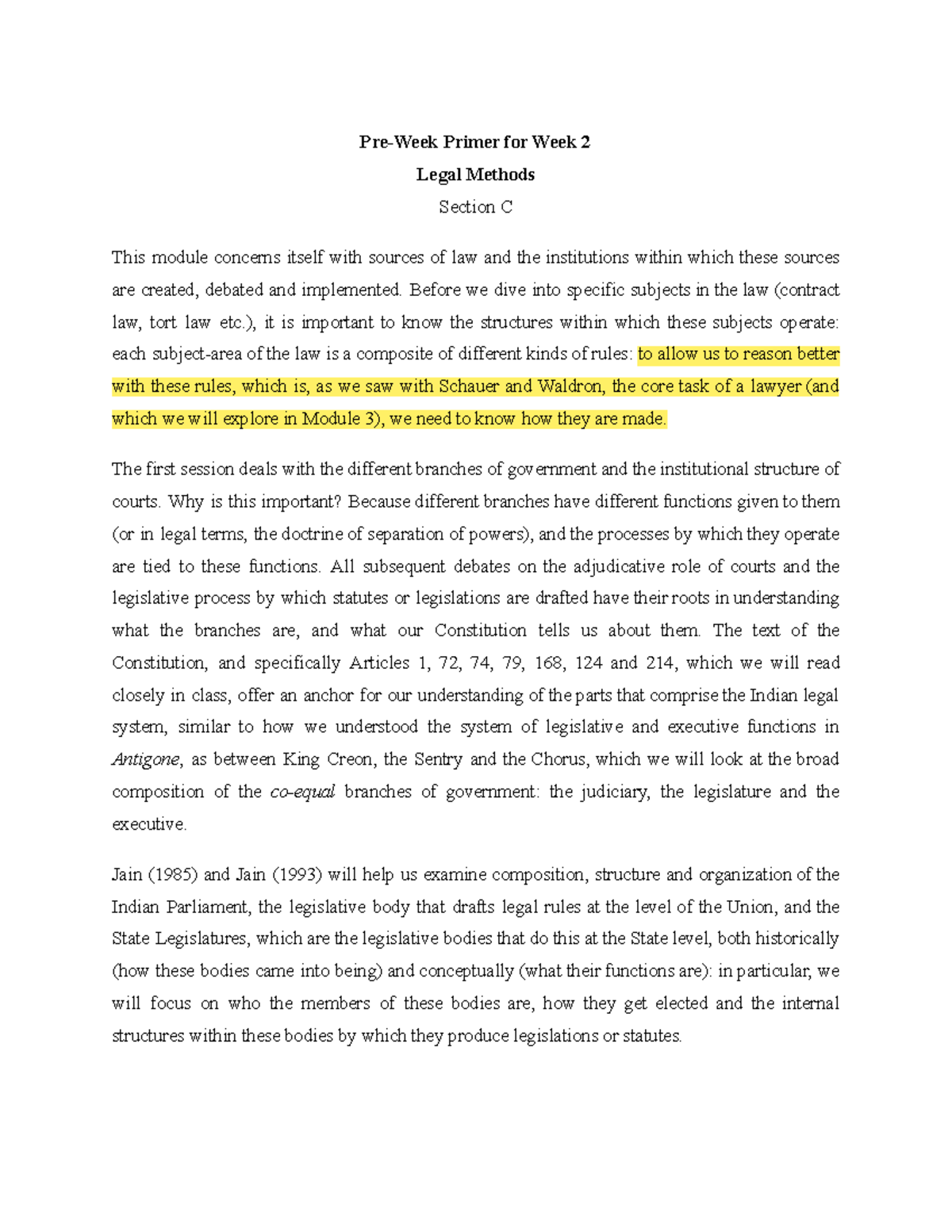 Week 2- Primer for Class Discussions - Pre-Week Primer for Week 2 Legal ...