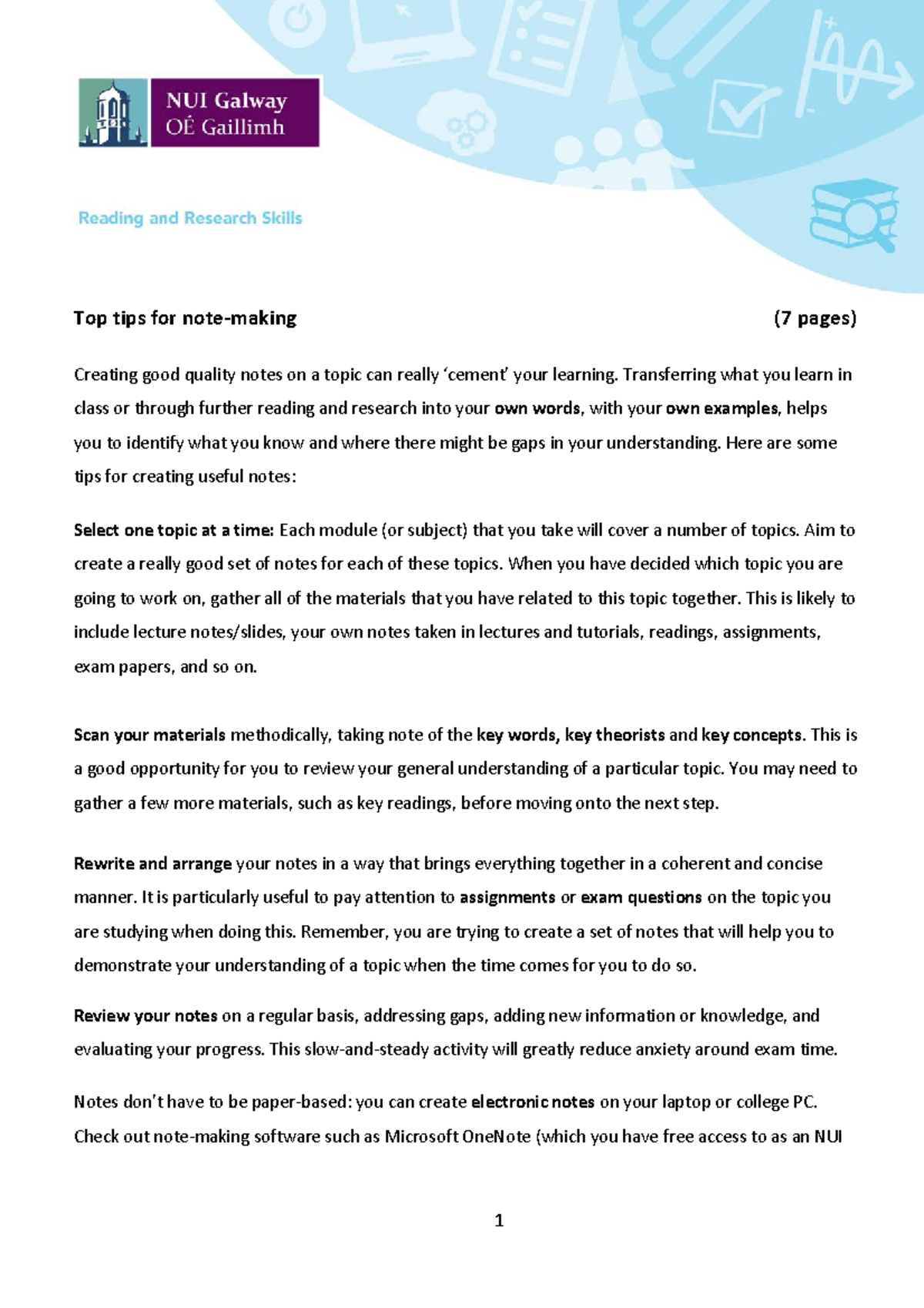 Note-making - Transferring what you learn in class or through further ...