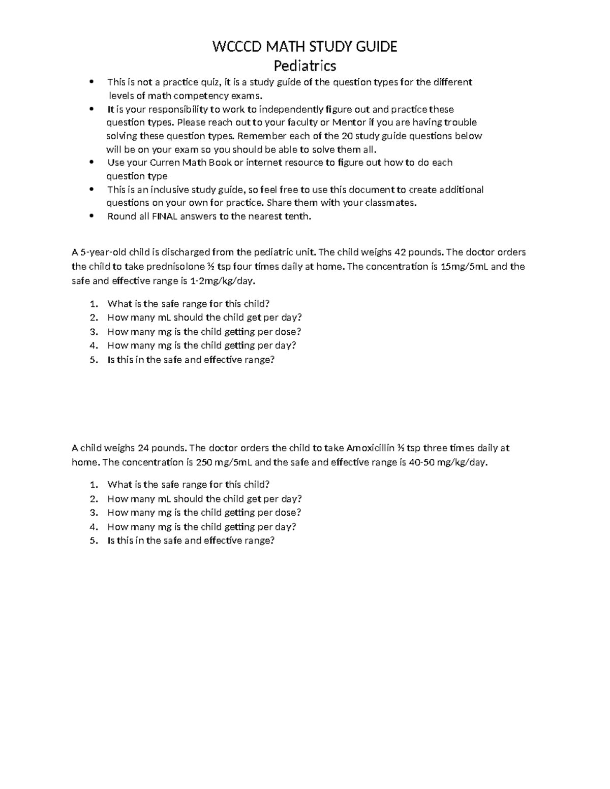 Peds Study Guide - math practice - WCCCD MATH STUDY GUIDE Pediatrics ...