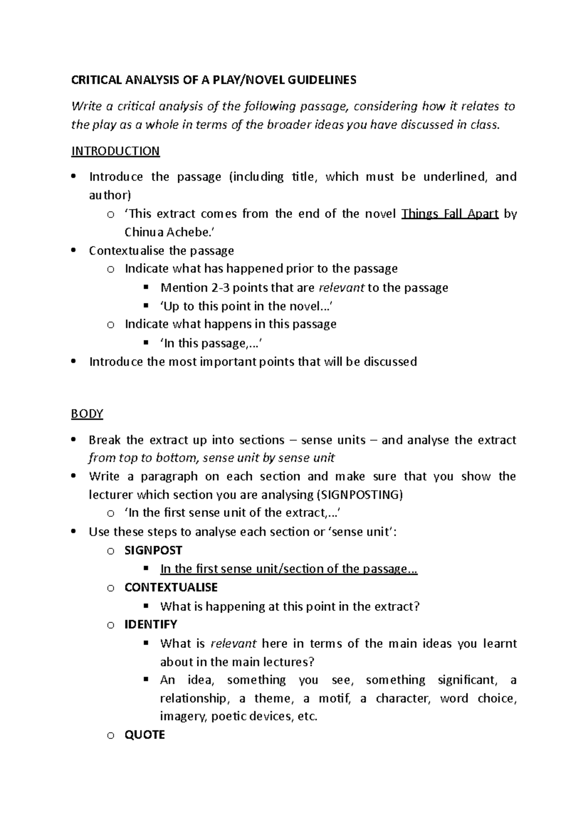 Lecture #8 Achebe Critical Analysis Guidelines - CRITICAL ANALYSIS OF A ...