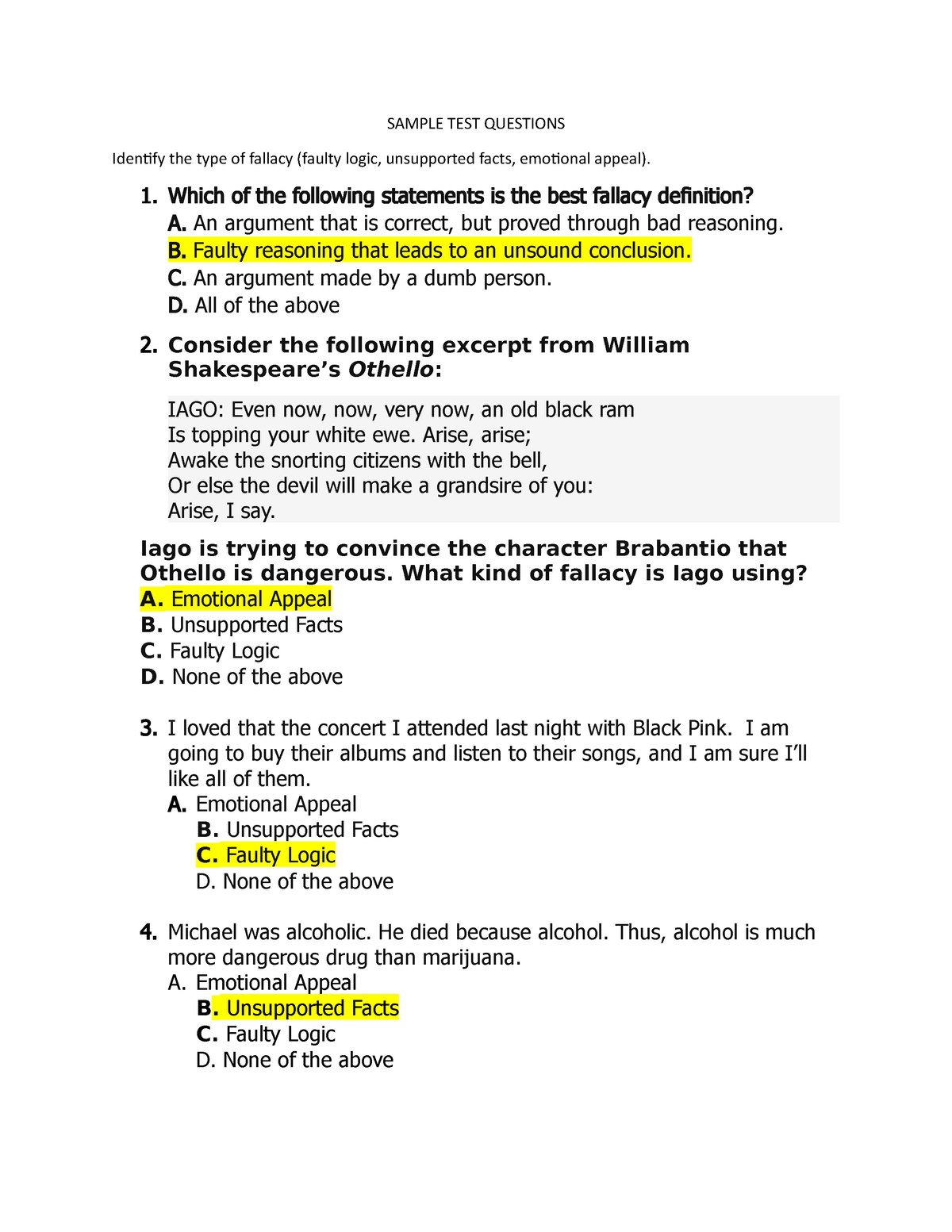 Sample Periodical Test - SAMPLE TEST QUESTIONS Identify the type of ...