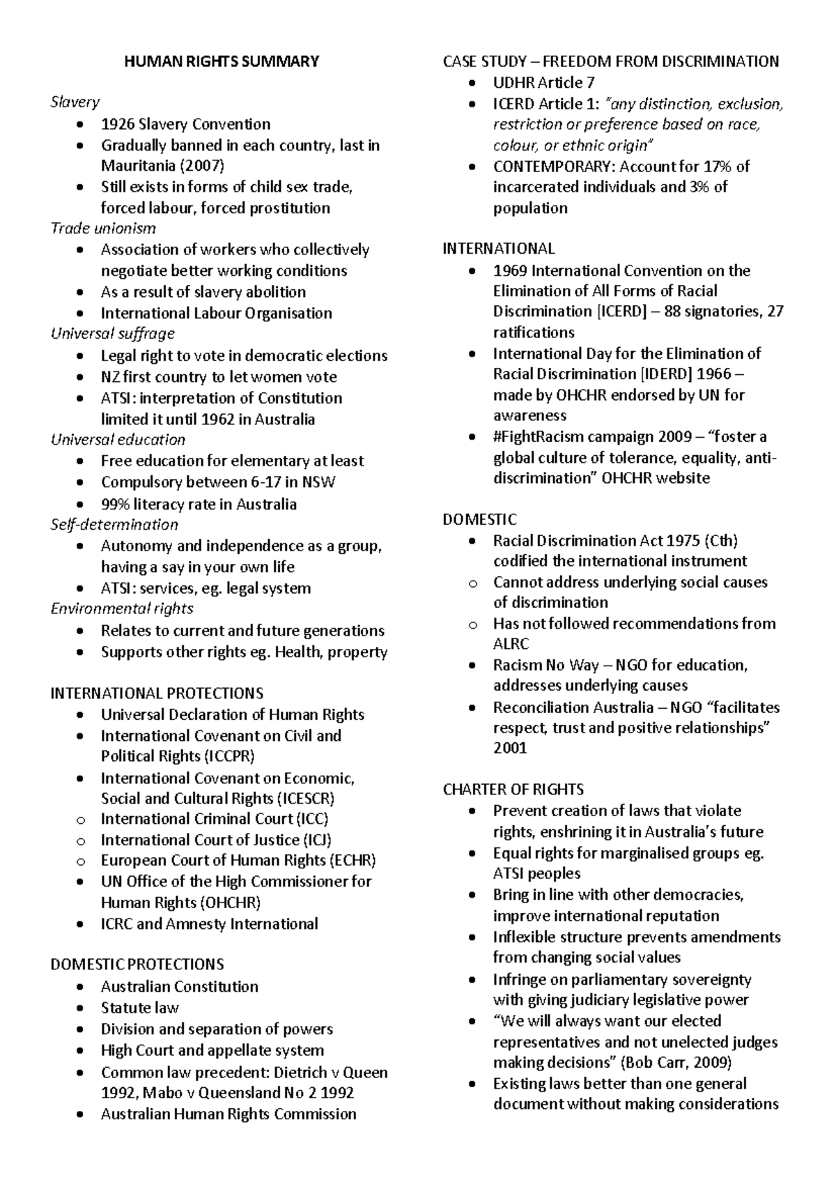 Final Exam Notes On Human Rights - HUMAN RIGHTS SUMMARY Slavery 1926 ...