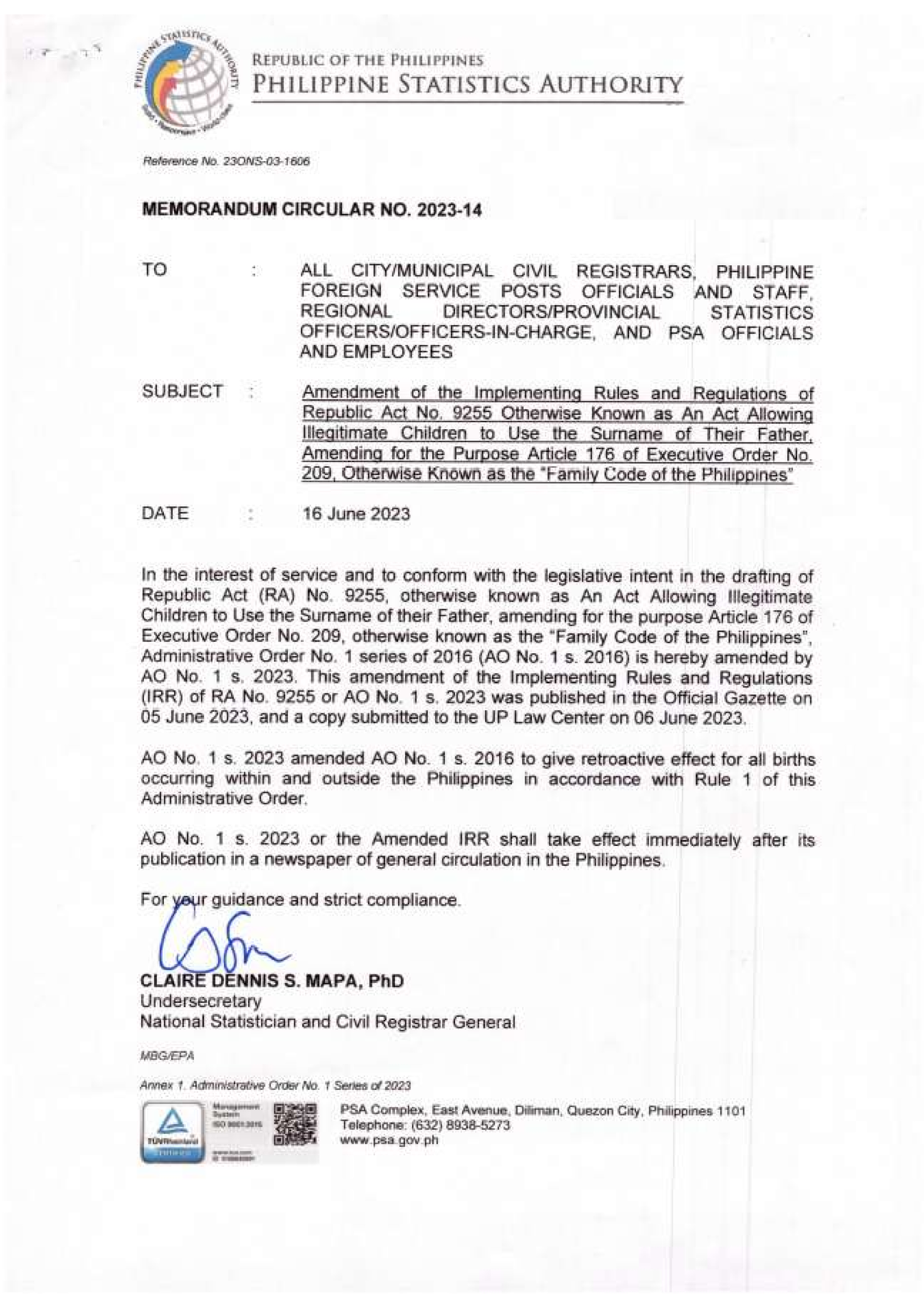 PHILIPPINE STATISTICS OFFICE PSA MC NO. 2023-14 - Republic of the ...