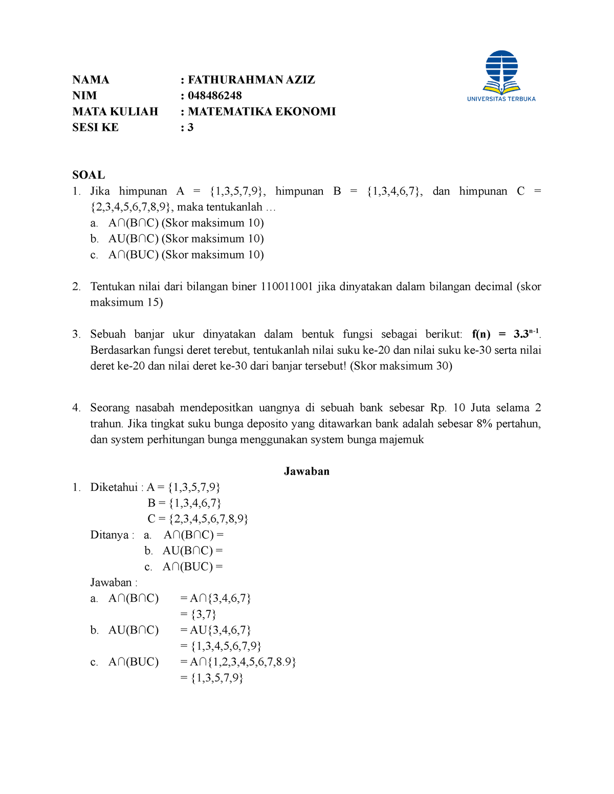 SESI 3 Matematika Fathurahman AZIZ - NAMA : FATHURAHMAN AZIZ NIM ...