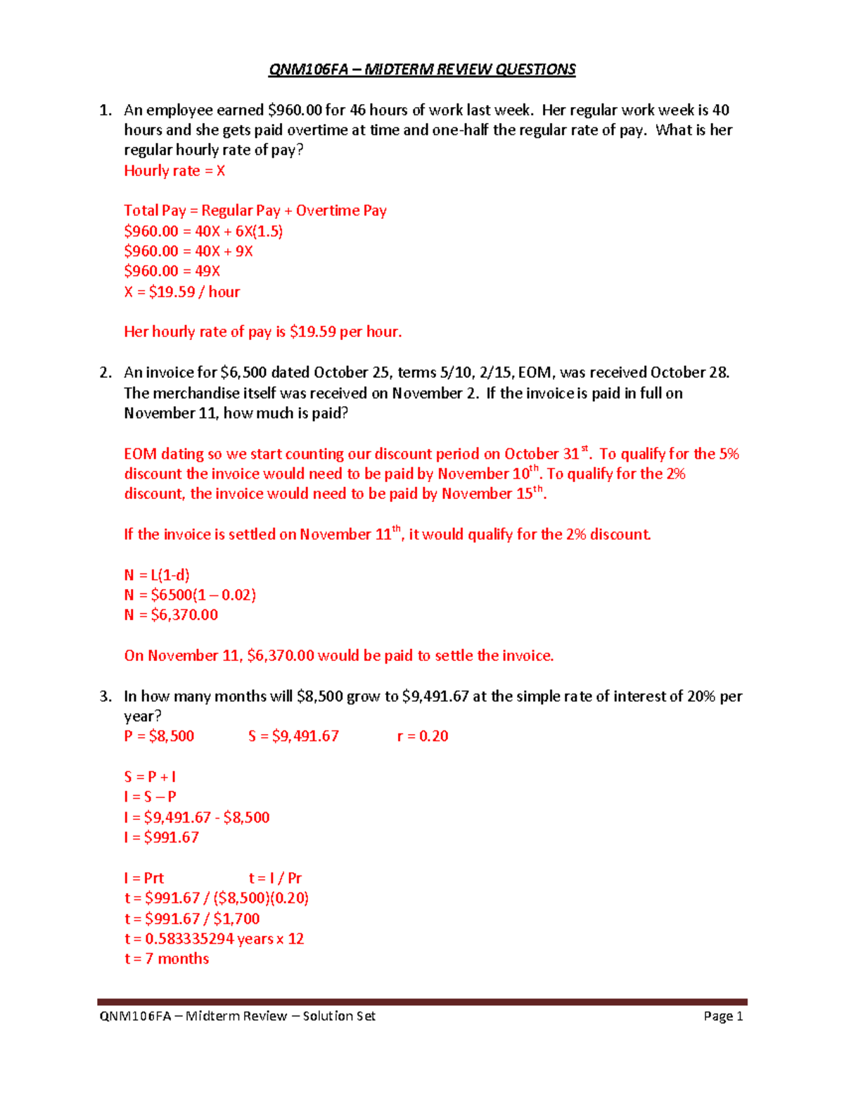 Midterm 2018, Answers - QNM106FA – MIDTERM REVIEW QUESTIONS An Employee ...