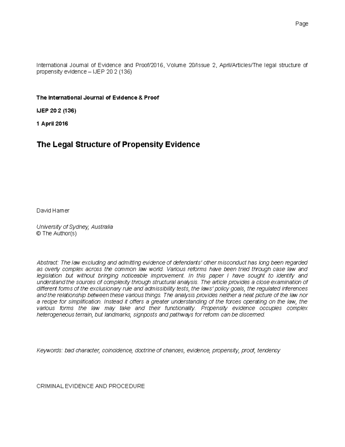 The Legal Structure of Propensity Evidence - International Journal of ...