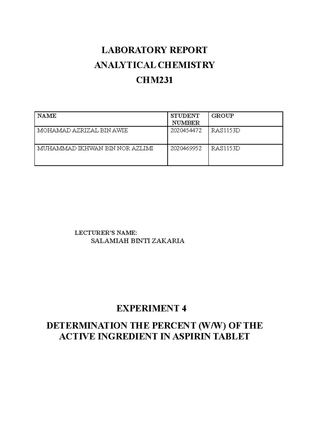 Chm231exp4 - Chemistry Experiment - LABORATORY REPORT ANALYTICAL ...