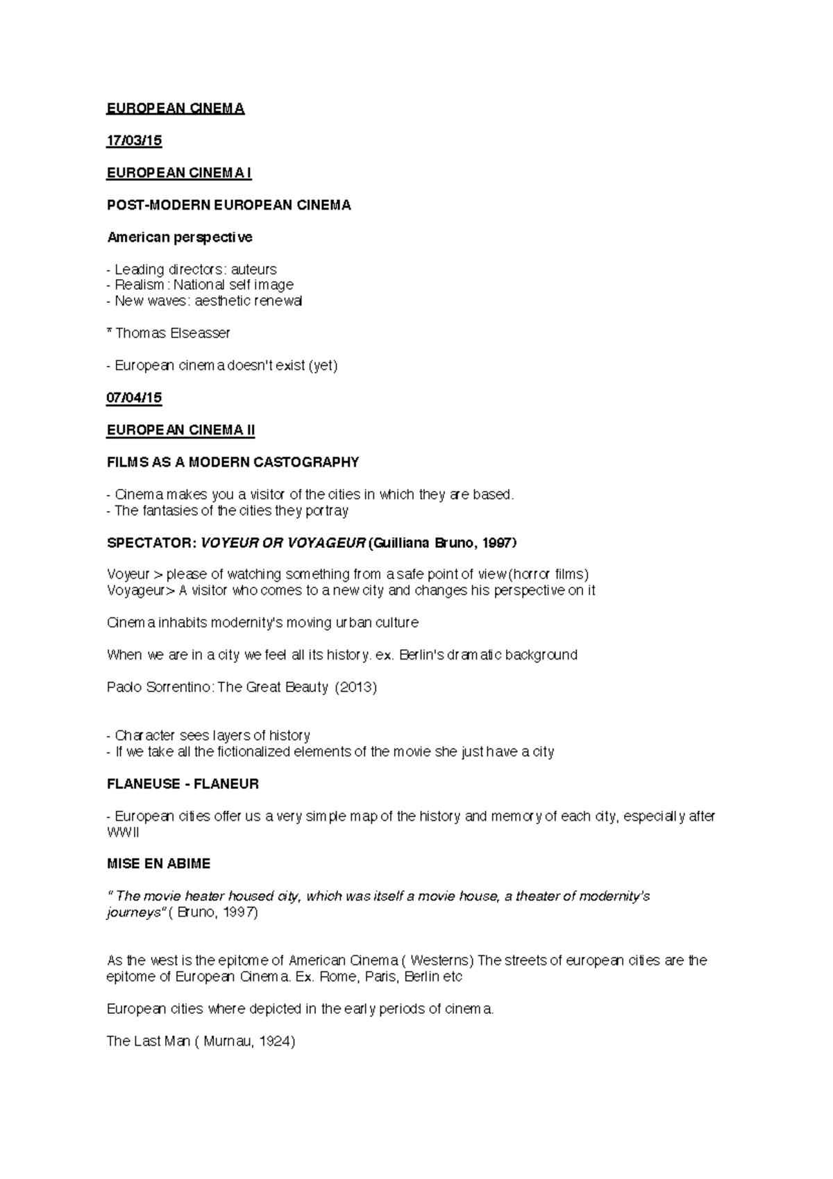 Summary lecture 1,2,3,4,5,6 Notes for European Cinema EUROPEAN