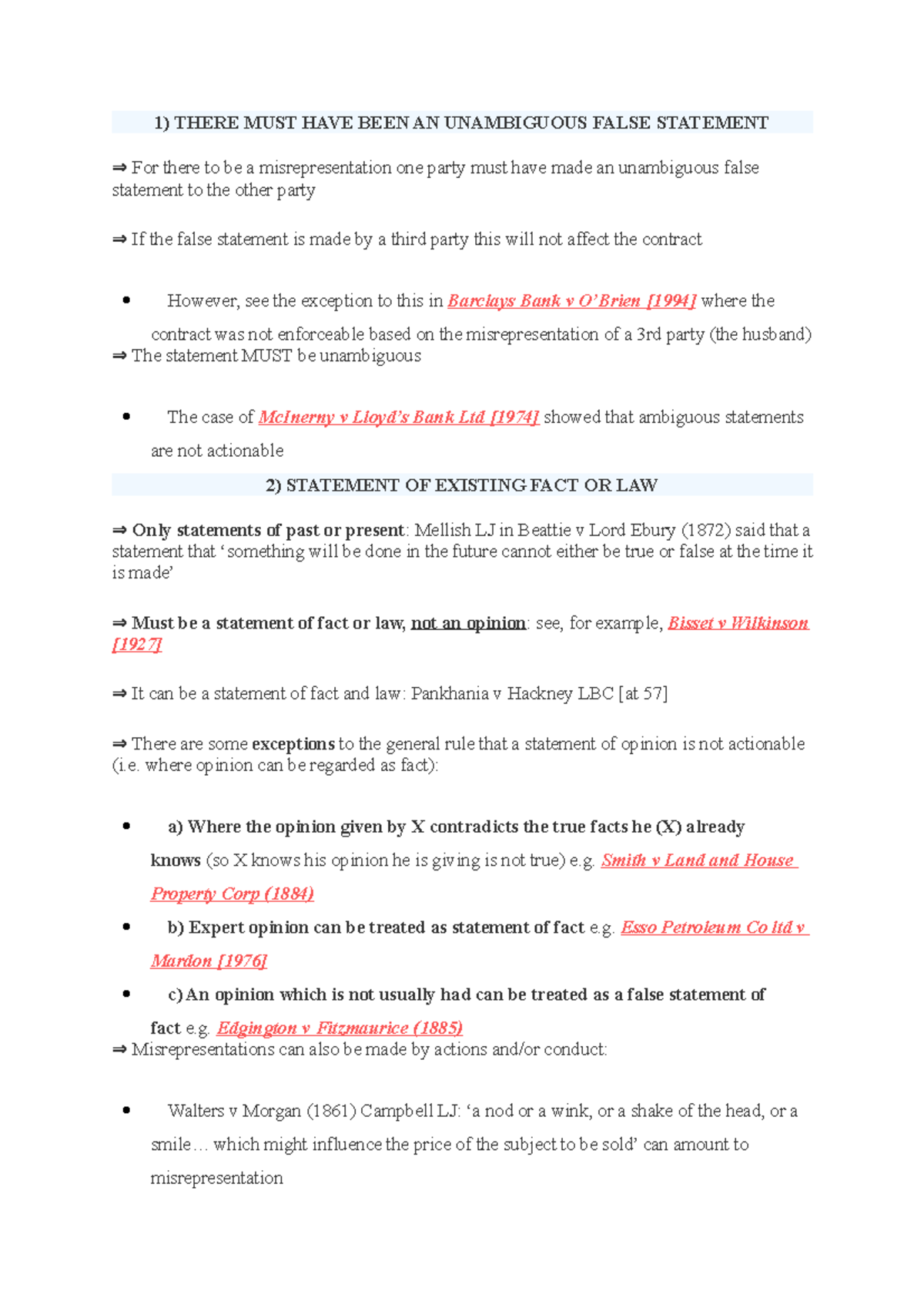 Legal Misrepresentation 1) THERE MUST HAVE BEEN AN UNAMBIGUOUS FALSE