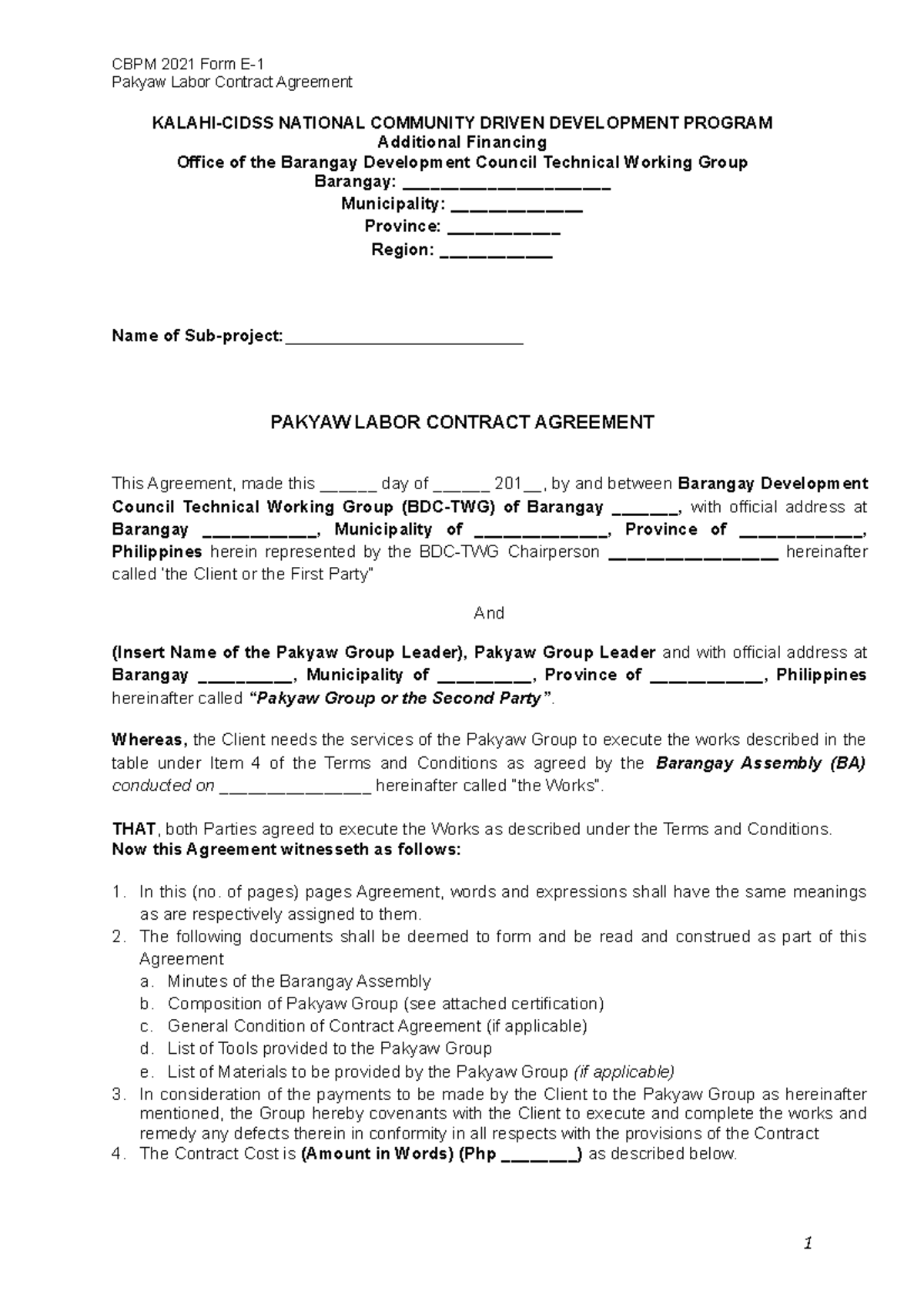 CBPM 2021 Form E1 Pakyaw Labor Contract Agreement CBPM 2021 Form E