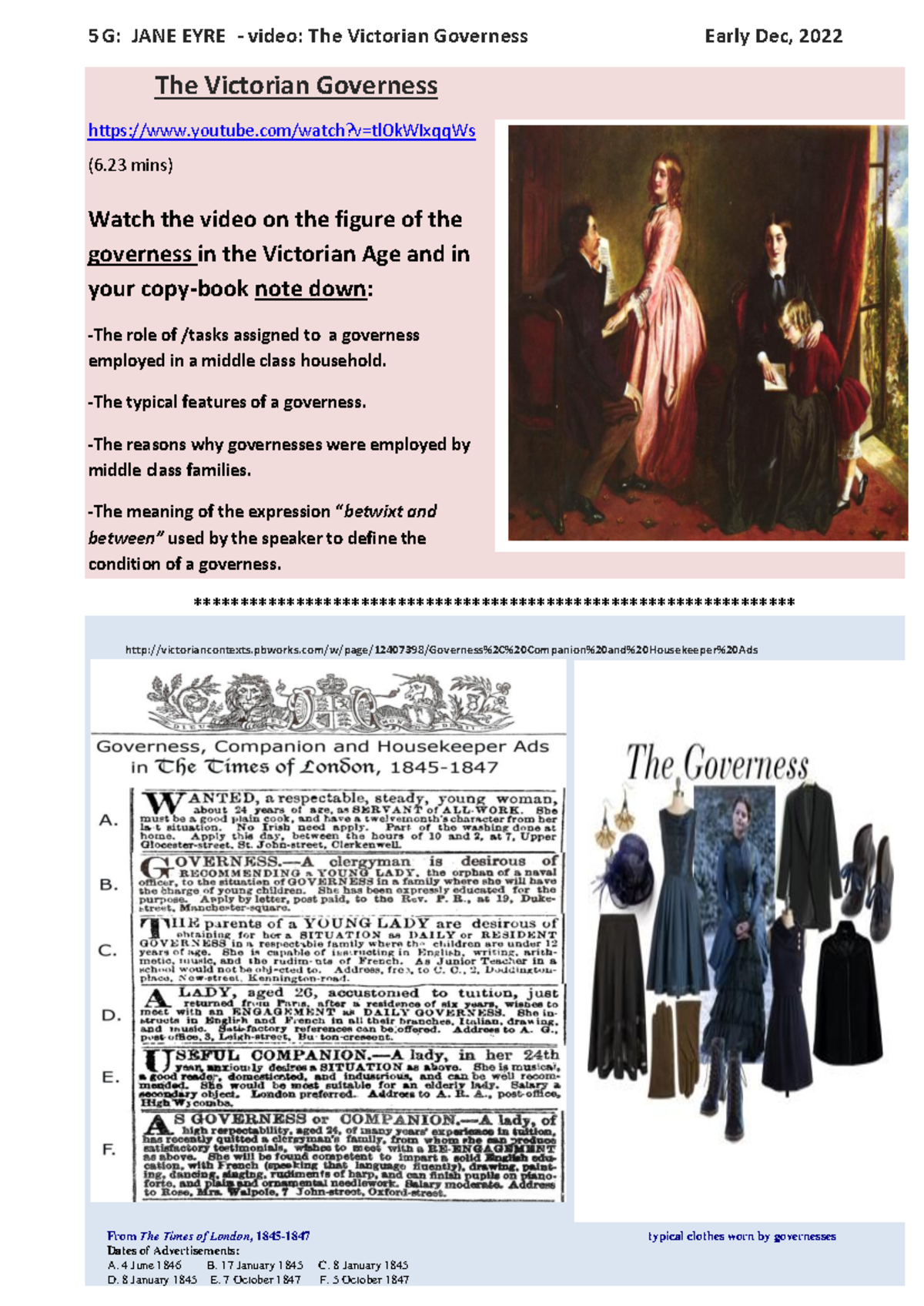 The Governess -Education in The Victorian Age-1 - 5 G: JANE EYRE ...