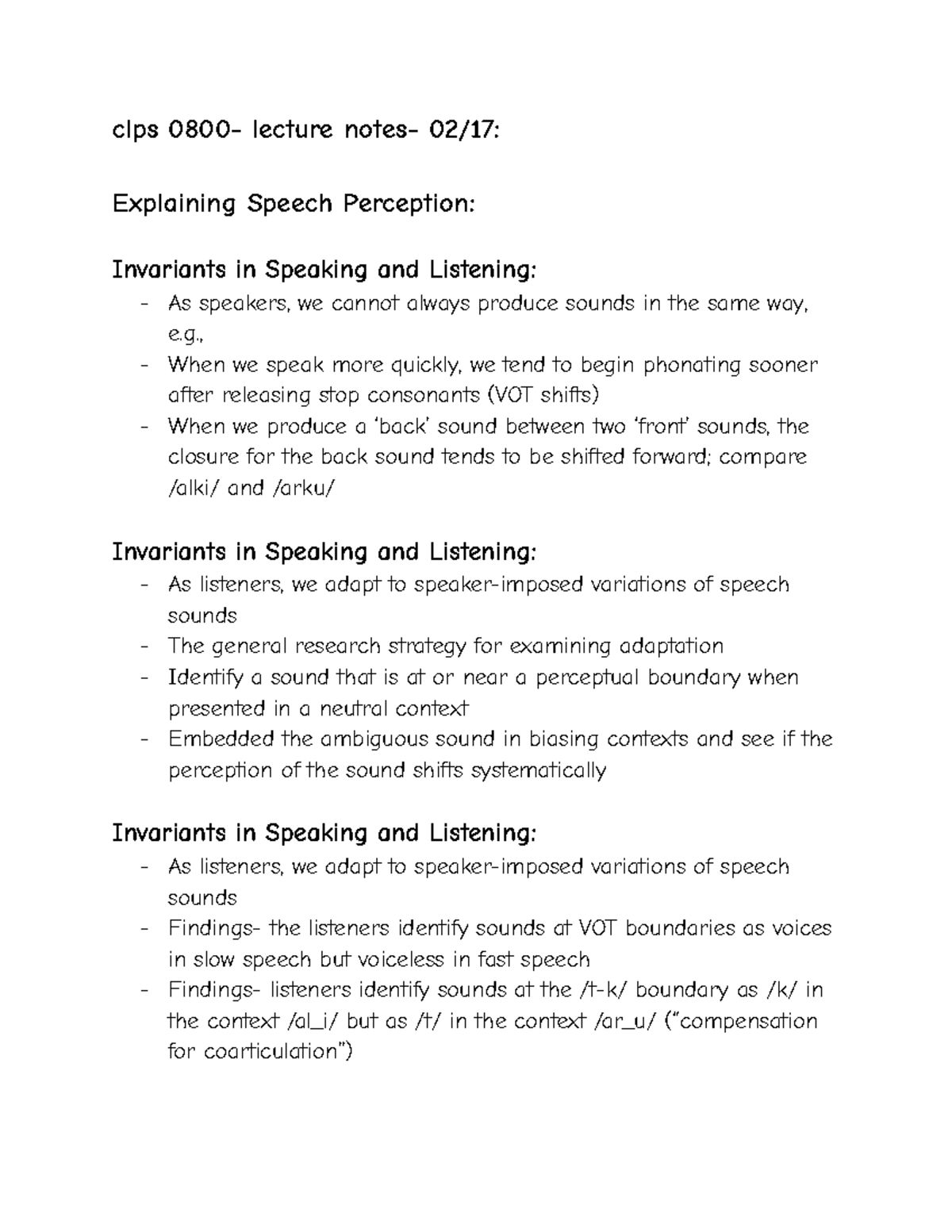 Clps 0800- lecture notes - , When we speak more quickly, we tend to ...