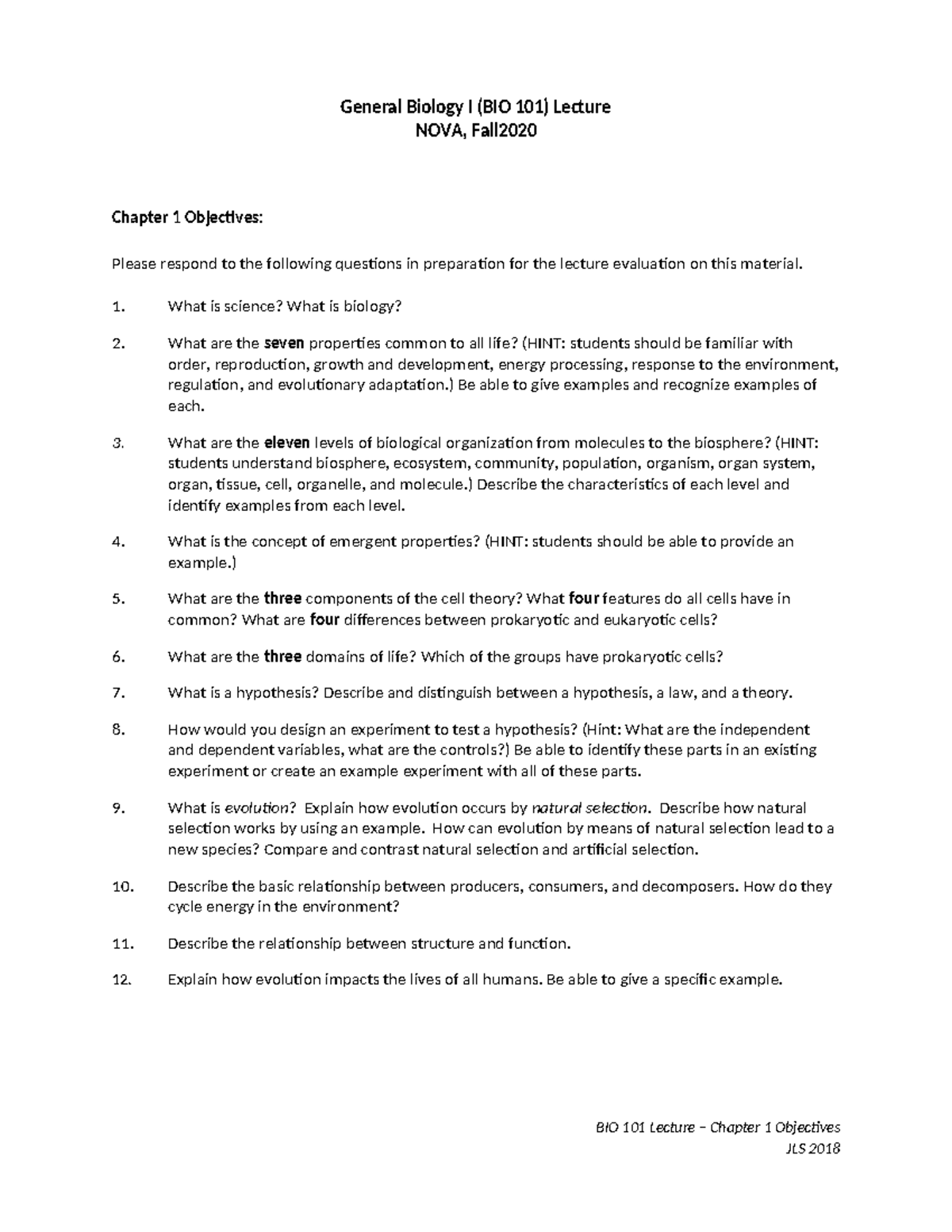 BIO 101 Lecture - Chapter 1 Objectives Fall 2020 - General Biology I ...