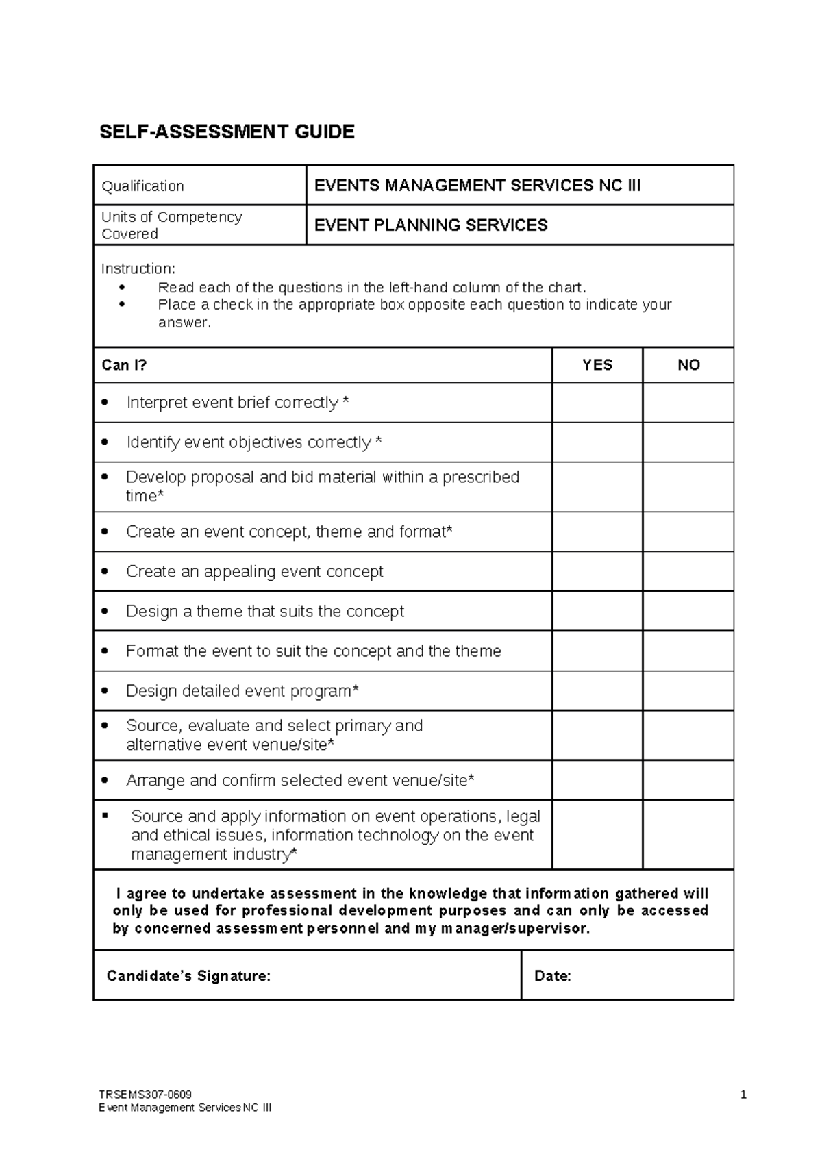 SELF Assessment Guide - EM Nciii - TRSEMS307-0609Event Management ...