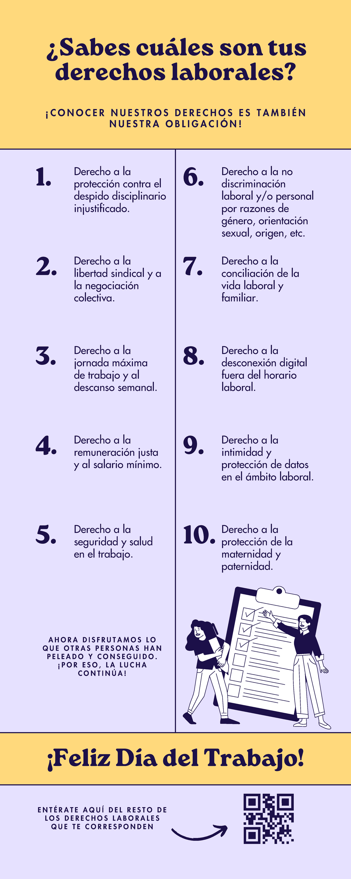 Infografía en Amarillo y Lila con Ilustración sobre Derechos laborales ...
