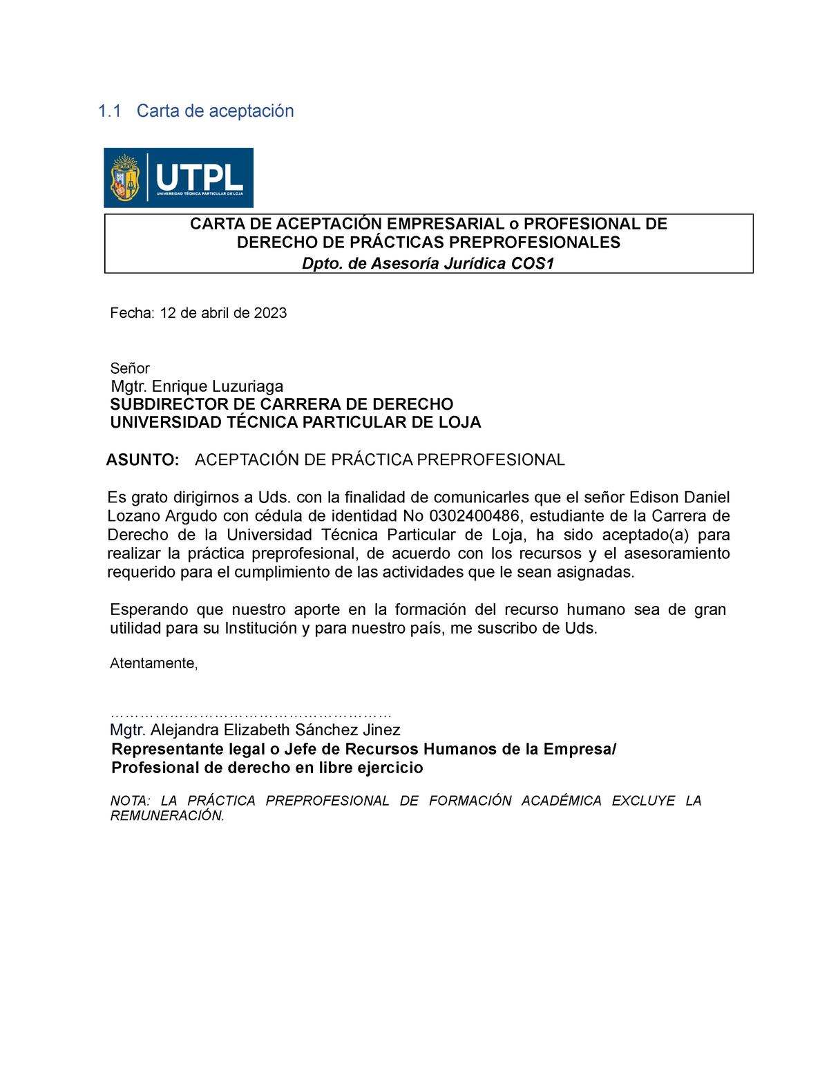 Carta Aceptacion Formato 1 Carta De Aceptación Fecha 12 De Abril