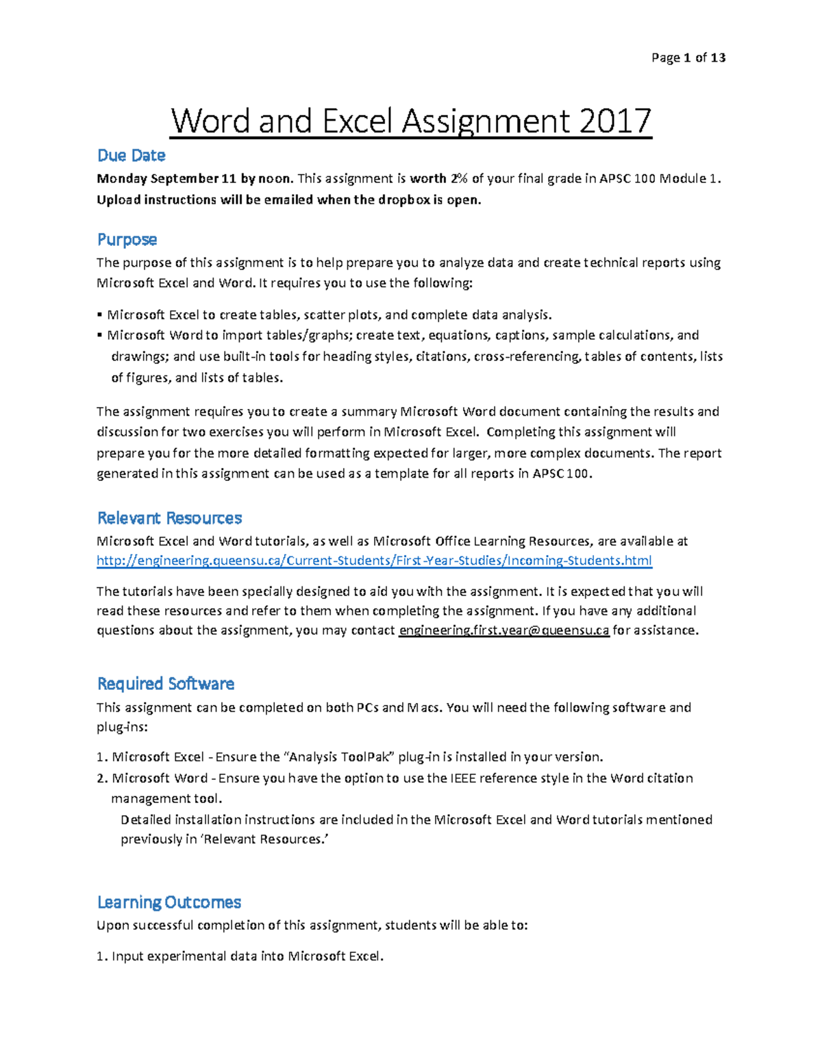 excel word assignment queens