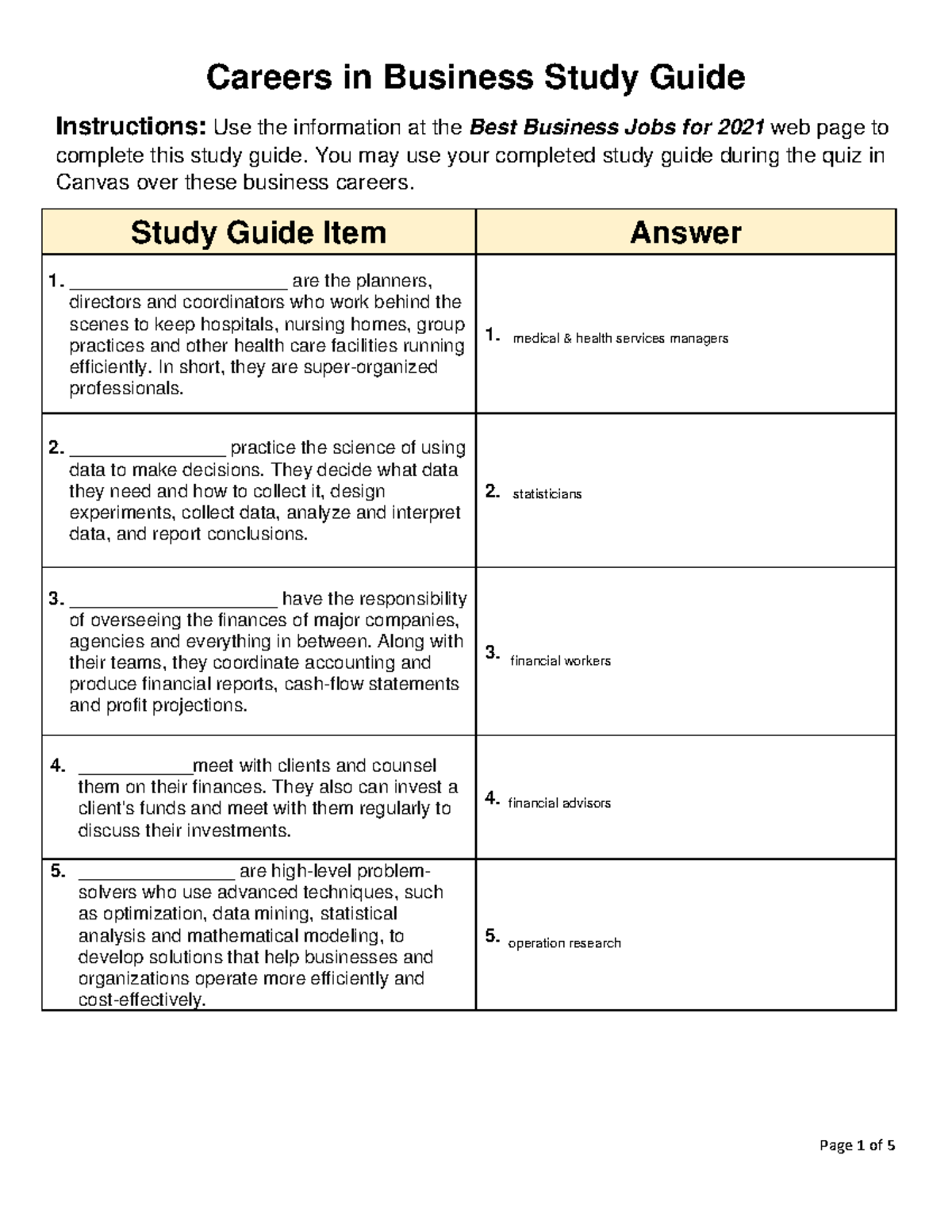 Careers in Business Study Guide - Careers in Business Study Guide ...