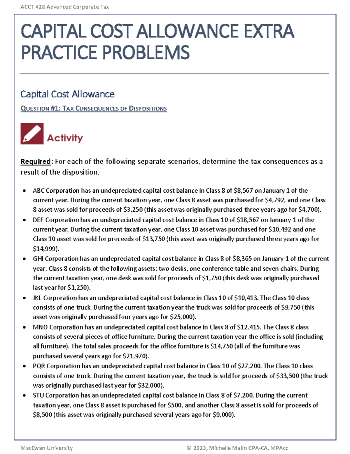 Capital Cost Allowance Worksheet ACCT 428 Advanced Corporate Tax