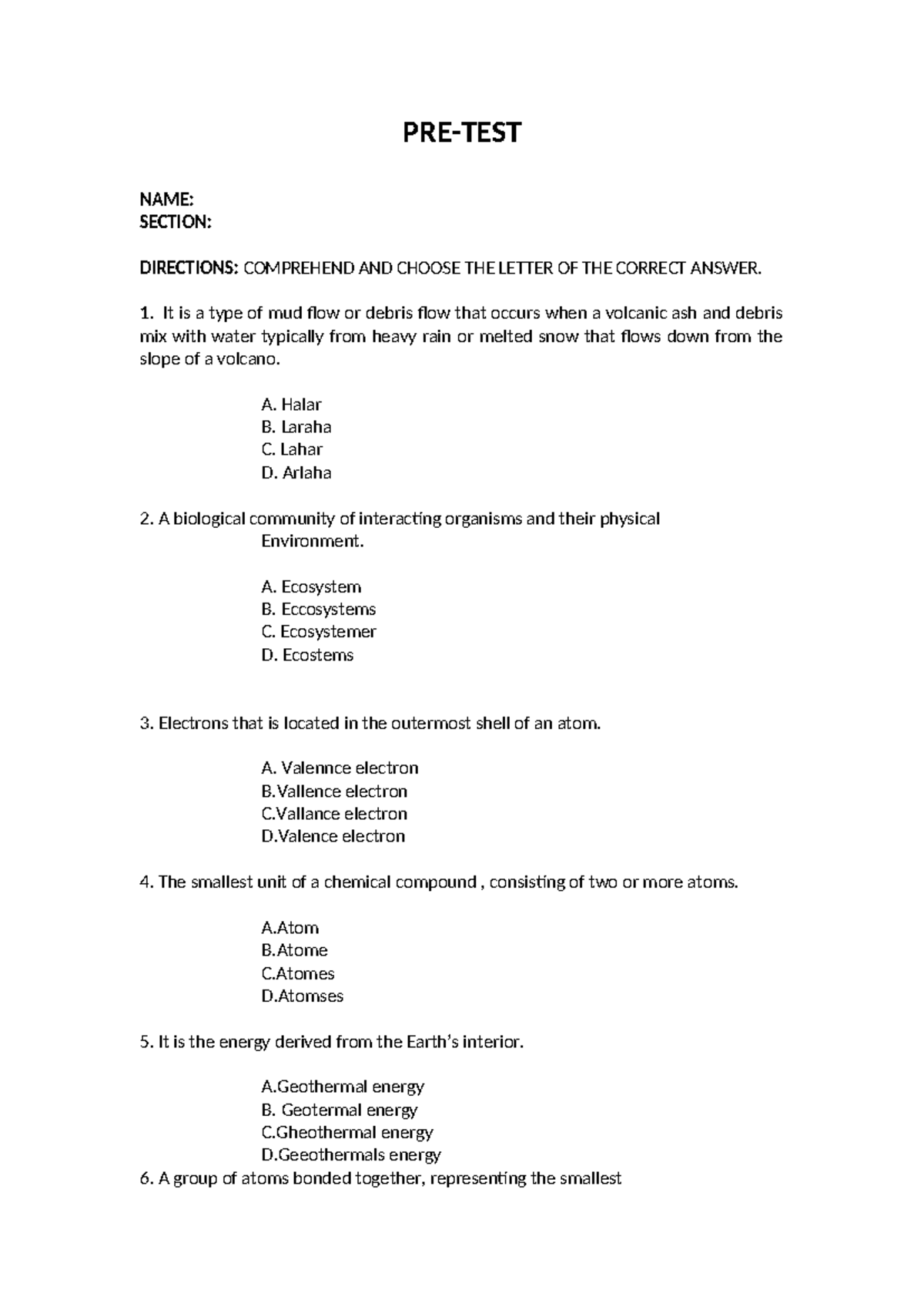 PRE TEST CBAR - PRE TEST - PRE-TEST NAME: SECTION: DIRECTIONS ...