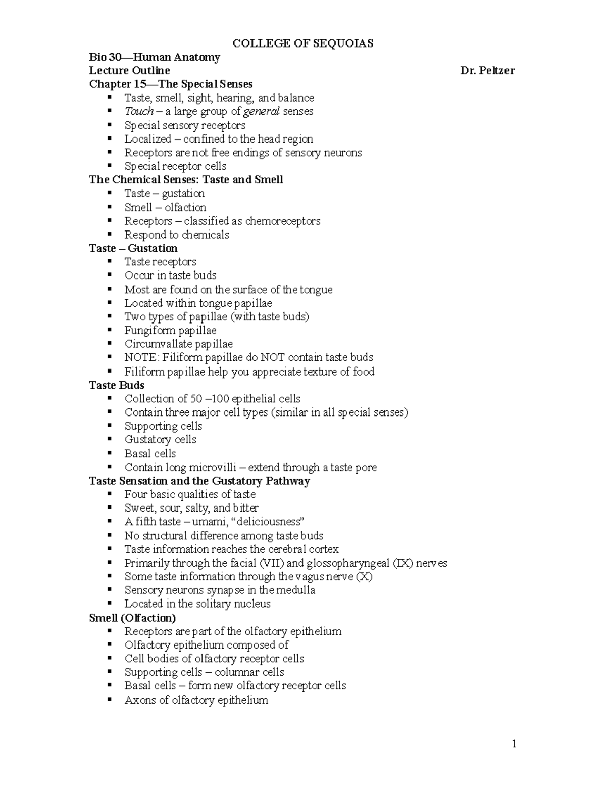 Ch 15 Outline The Special Senses Dr Peltzer Bio 30 Human Anatomy