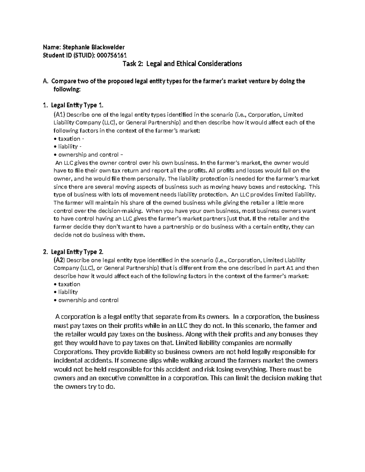 D078 Task 2 - Assignment - Name: Stephanie Blackwelder Student ID ...