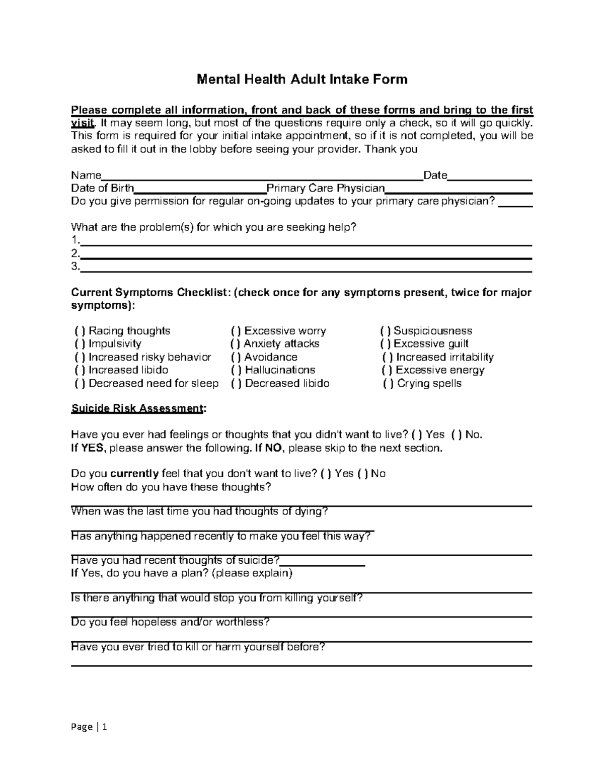 Adult Intake Form 2020 - Mental Health Adult Intake Form Please ...