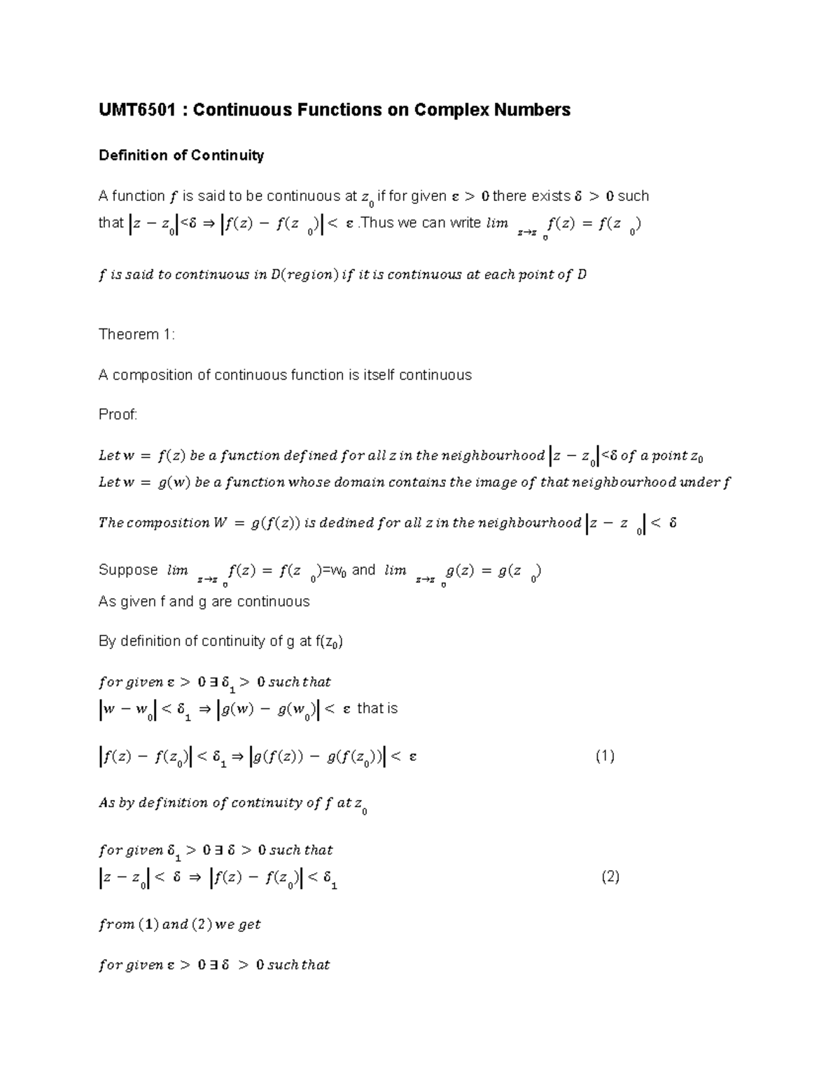 Continuous Functions on Complex Numbers - UMT6501 : Continuous ...