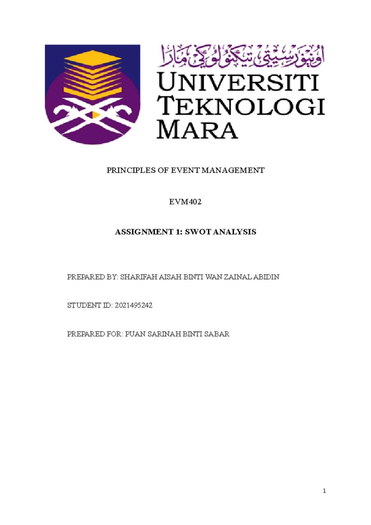 Assignment 1 EVM402 - hanya sekadar rujukan - PRINCIPLES OF EVENT ...