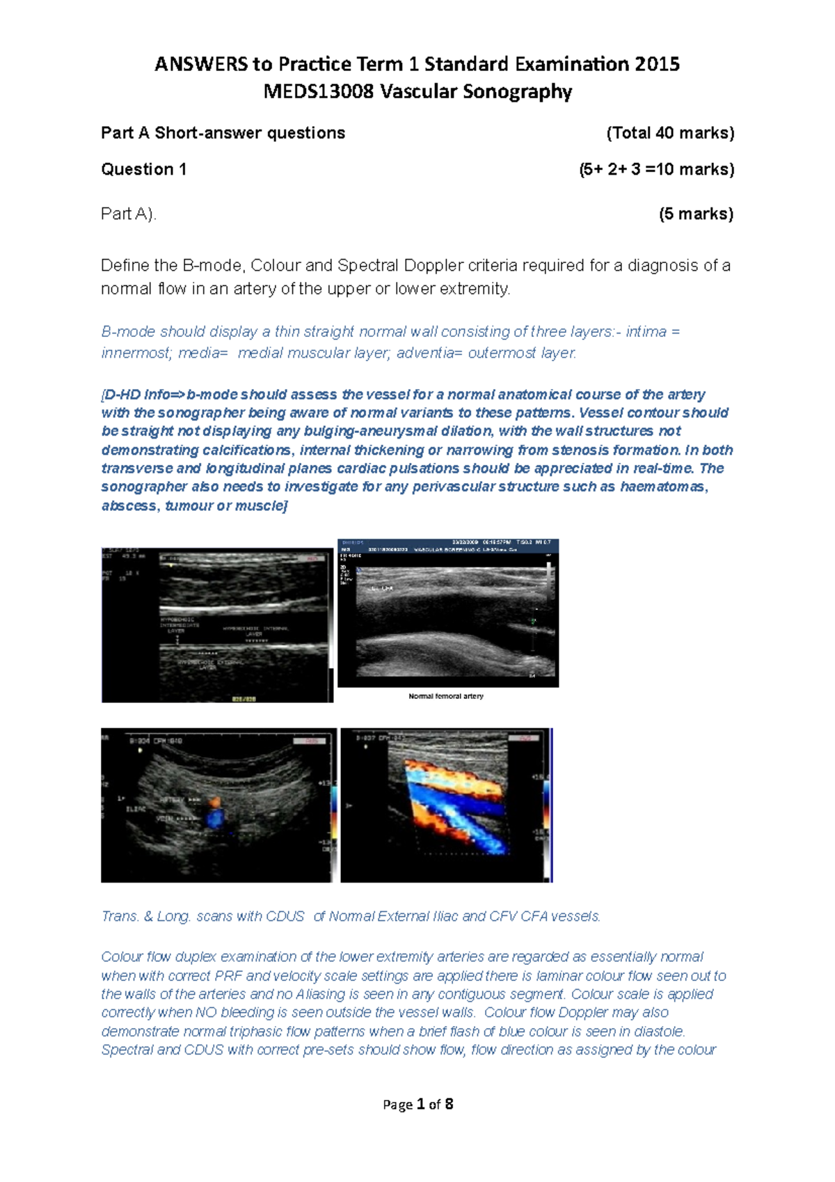 Mock Exam Answers MEDS13008 Vascular Sonography Part A Shortanswer