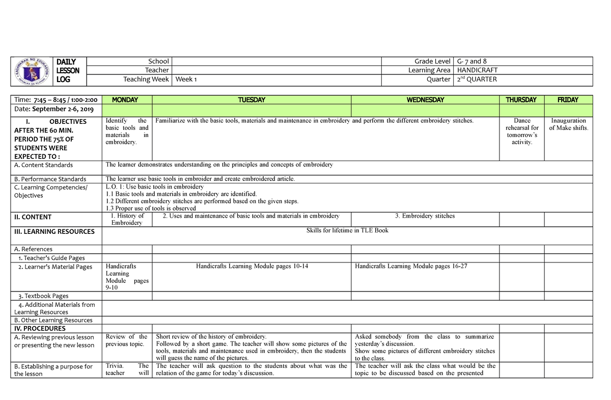 Embroidery DLL Week 1 - DAILY LESSON LOG School Grade Level G- 7 And 8 ...