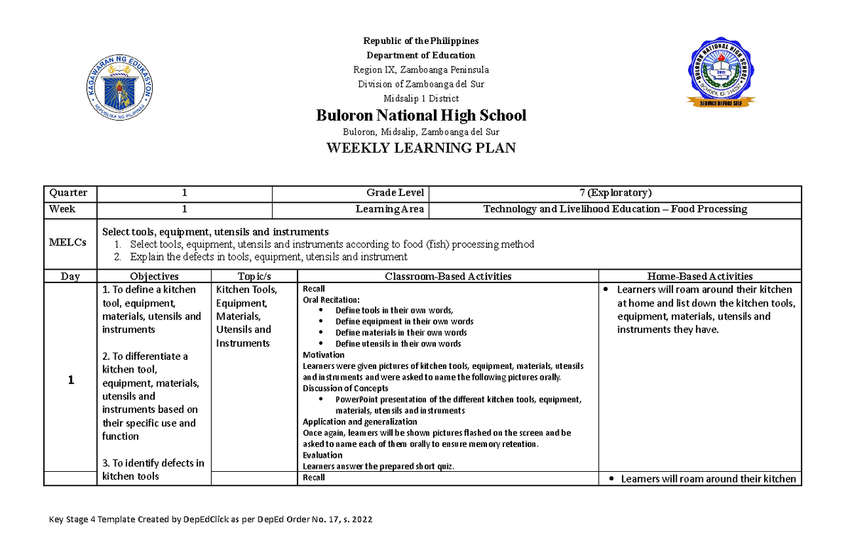 Wlp7 1 Weekly Home Learning Plan Republic Of The Philippines Department Of Education Region 2203