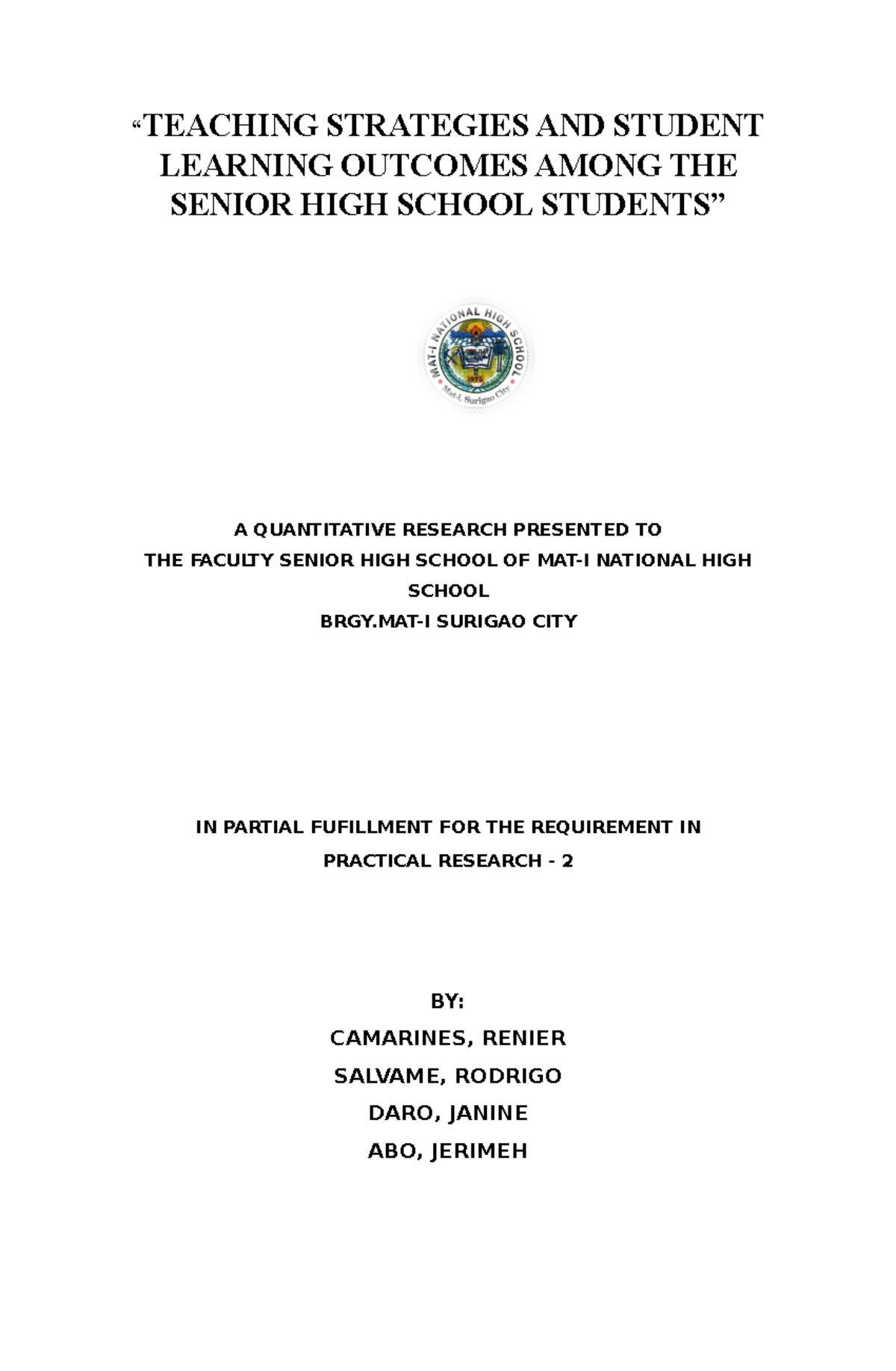 Teaching Strategies AND Student Learning Outcomes Among THE Senior HIGH ...