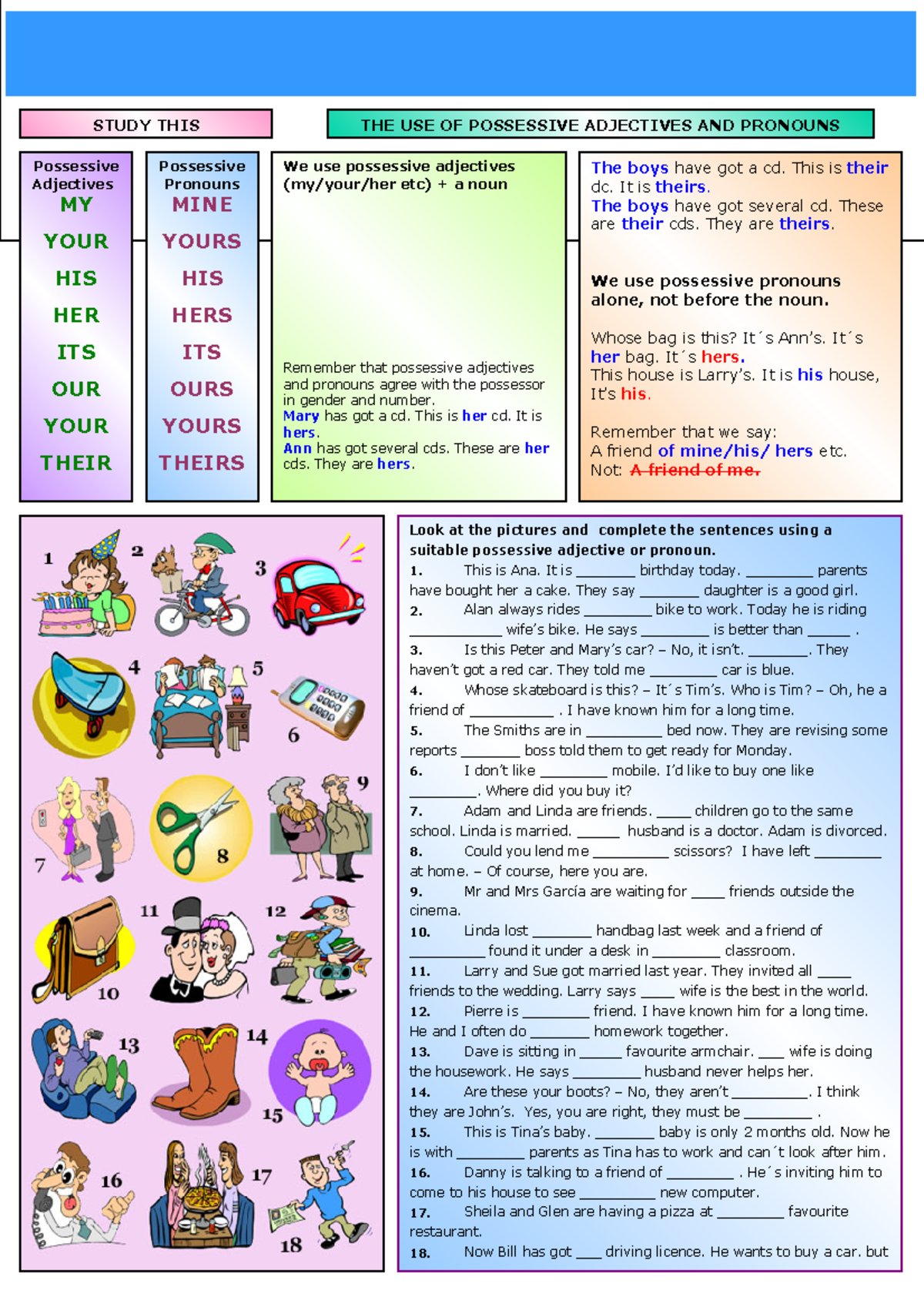 Work Week 5 verbs and adjects - POSSESSIVE ADJECTIVES AND PRONOUNS (1-2 ...