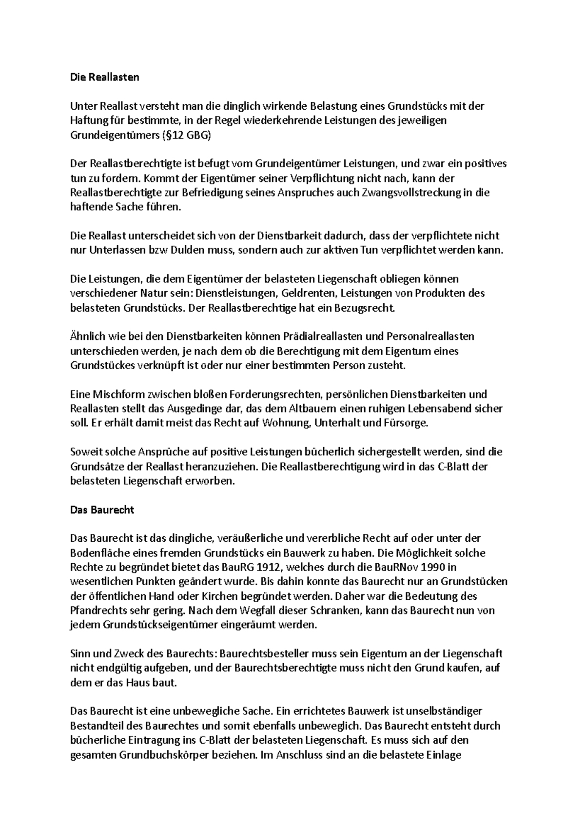 Reallasten zusammenfassend niedergeschrieben - Die Reallasten Unter Reallast versteht man die ...