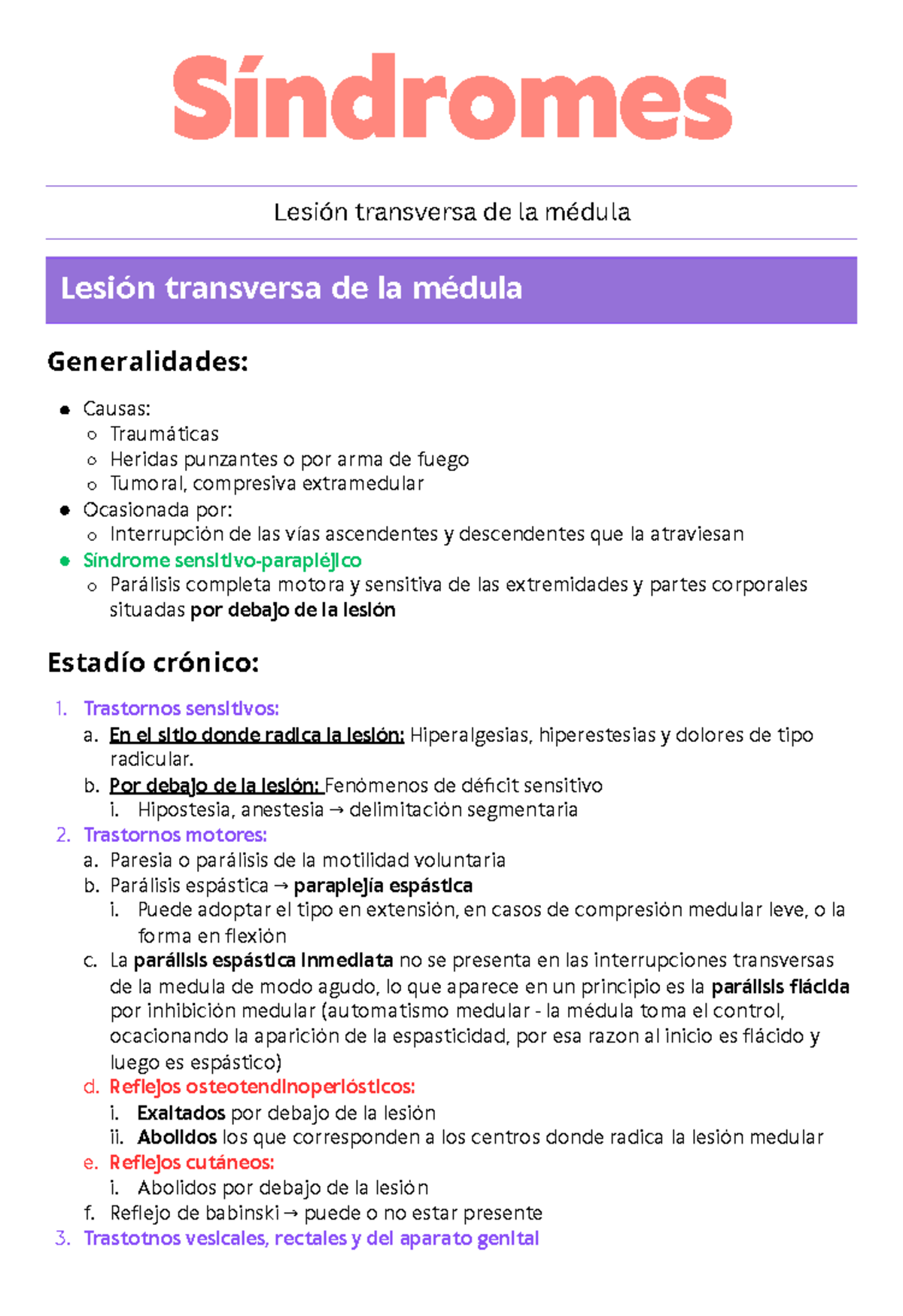 Lesión transversa de la médula - Síndromes Generalidades: Estadío ...
