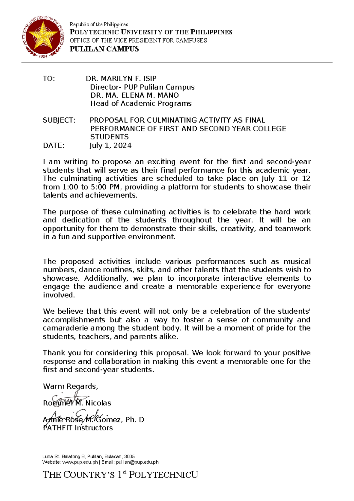Culminating Activity Proposal - Republic of the Philippines POLYTECHNIC ...