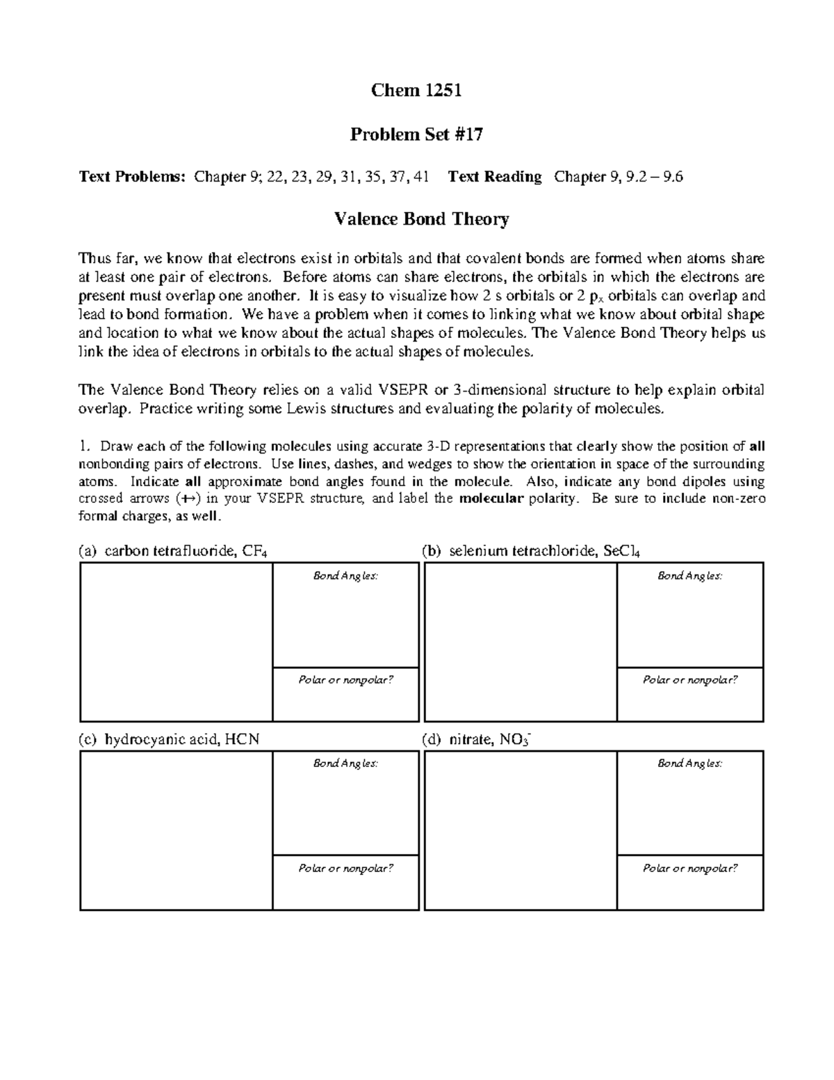 PS 17 PS 17 Chem 1251 Problem Set Text Problems Chapter 9 22 23 