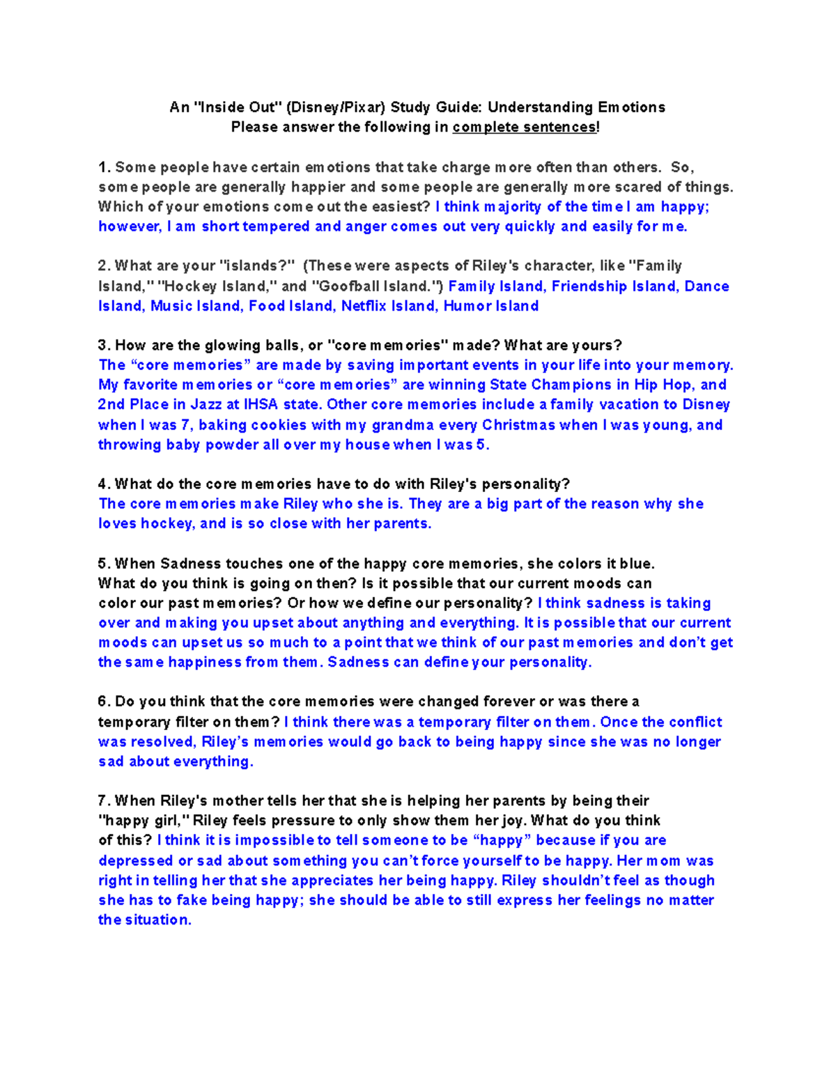 Inside Out Questions An Inside Out Disney Pixar Study Guide