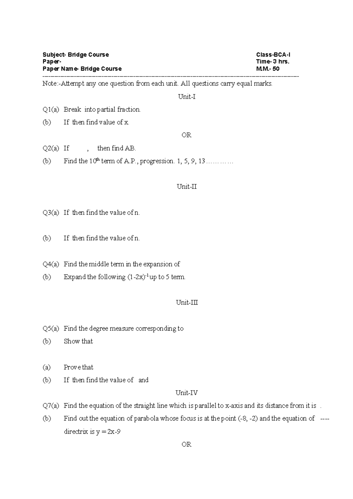 Sample/practice exam 2016, questions - Subject- Bridge Course Class-BCA ...