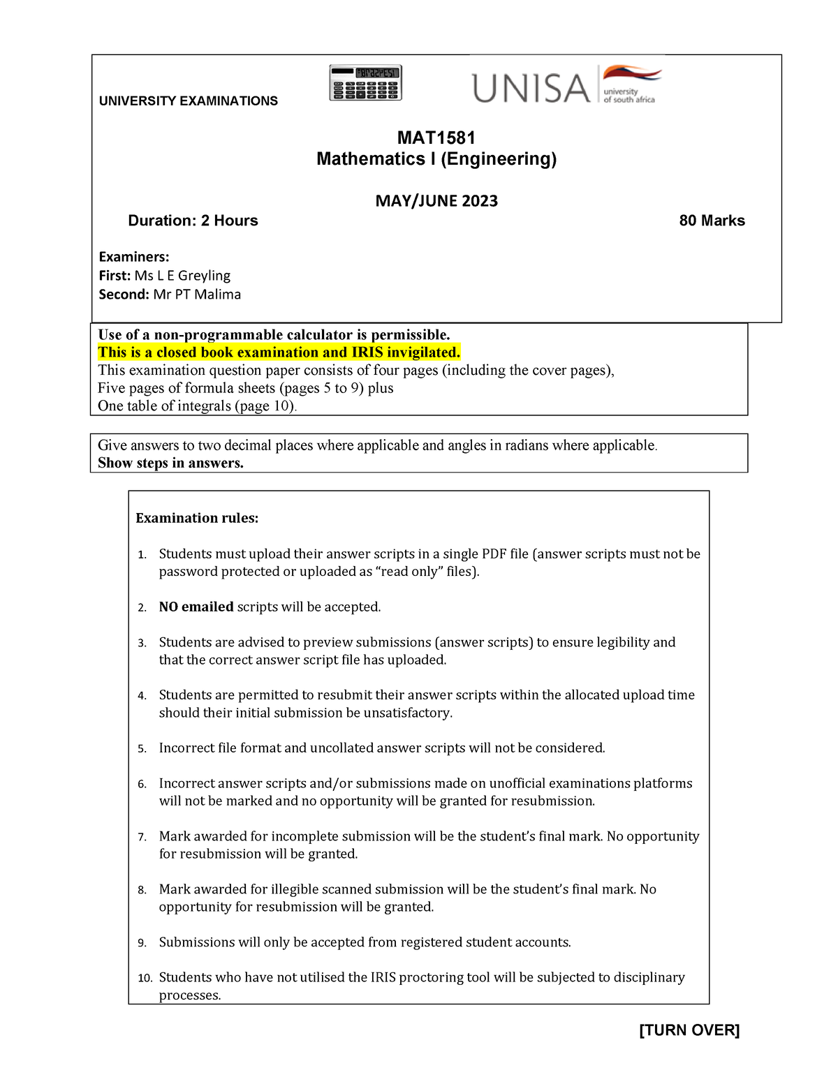 MAT1581 EXAM May June 2023 - [TURN OVER] UNIVERSITY EXAMINATIONS ...