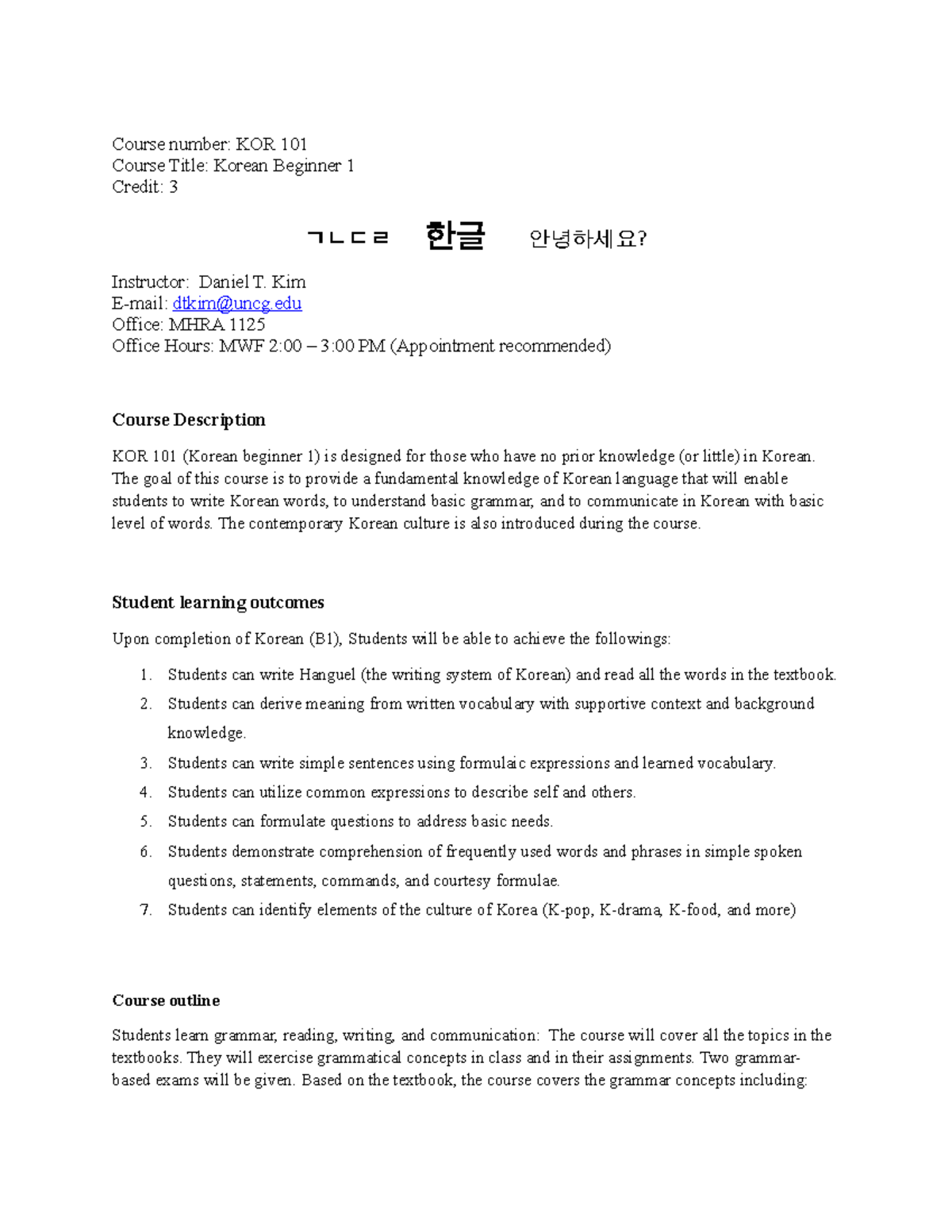 KOR 101 - Syllabus - Course number: KOR 101 Course Title: Korean ...