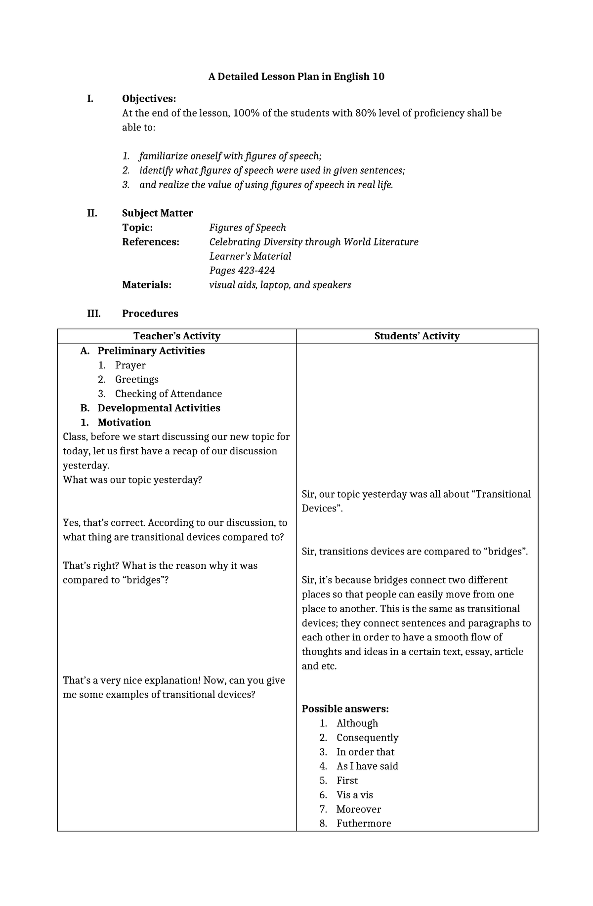 Figures Of Speech Detailed Lesson Plan - A Detailed Lesson Plan In 