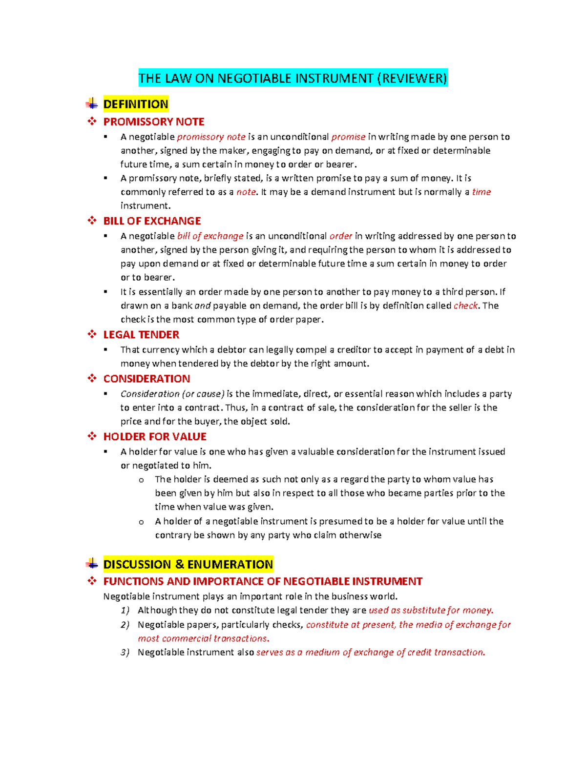 THE LAW ON Negotiable Instrument Reviewer - THE LAW ON NEGOTIABLE ...