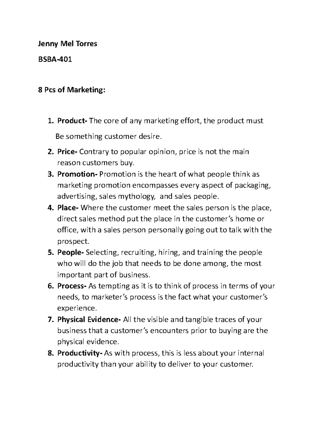 8 Pcs of Marketing - Lecture notes - Jenny Mel Torres BSBA- 8 Pcs of ...