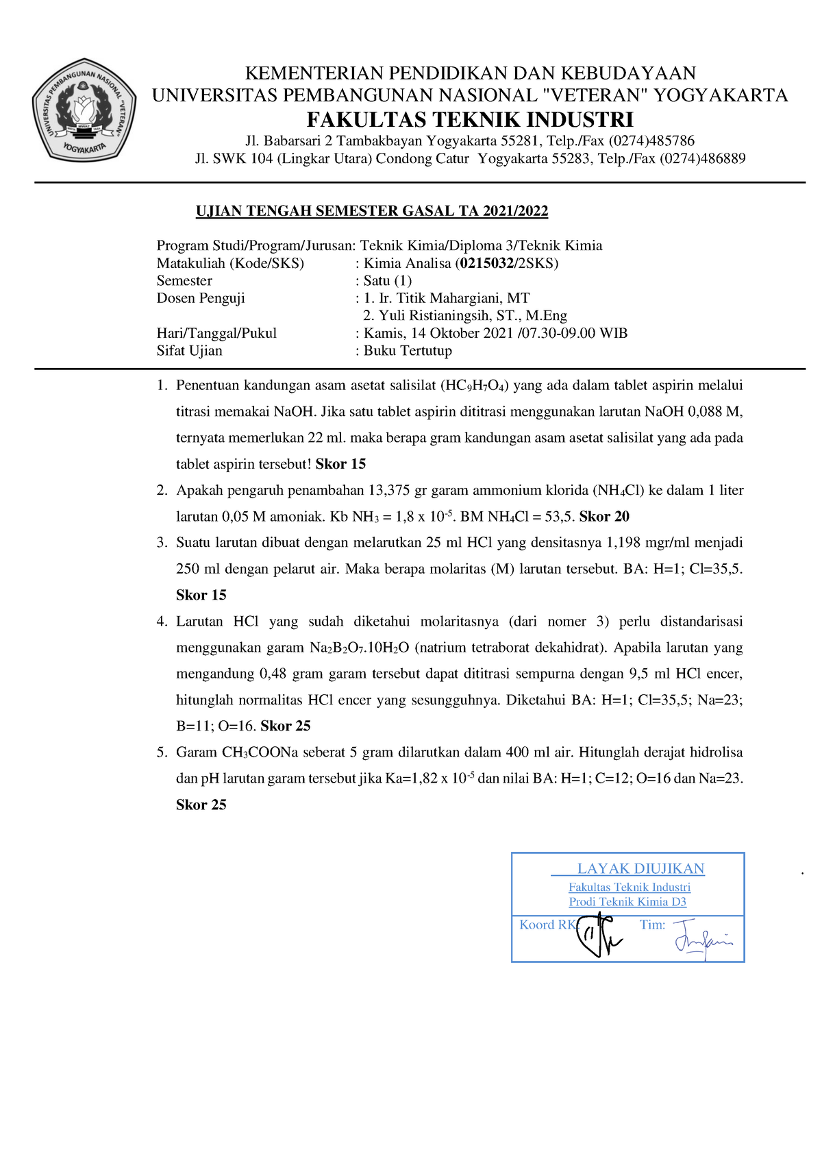 Soal UTS Kimia Analisa 2021 - UJIAN TENGAH SEMESTER GASAL TA 2021 ...