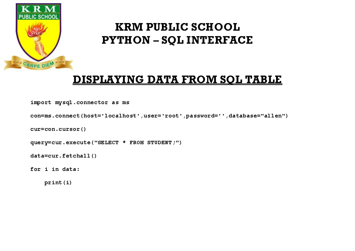 PY Interface Notes PROG - KRM PUBLIC SCHOOL PYTHON – SQL INTERFACE ...